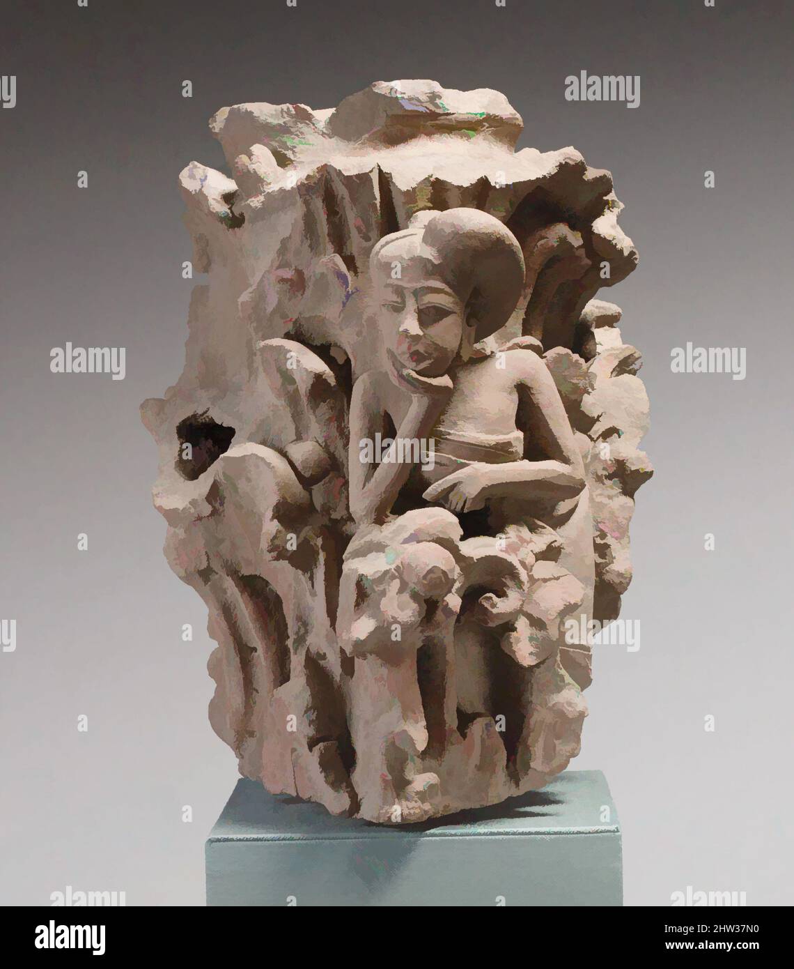 Art inspired by Column Surround with Pensive Woman, Eastern Javanese period, Majapahit kingdom, 14th–15th century, Indonesia (Java), Terracotta, H. 10 3/4 in. (27.3 cm), Sculpture, Ornamental roof tiles often decorated houses in the capital of the East Javanese kingdom of Majapahit, Classic works modernized by Artotop with a splash of modernity. Shapes, color and value, eye-catching visual impact on art. Emotions through freedom of artworks in a contemporary way. A timeless message pursuing a wildly creative new direction. Artists turning to the digital medium and creating the Artotop NFT Stock Photo