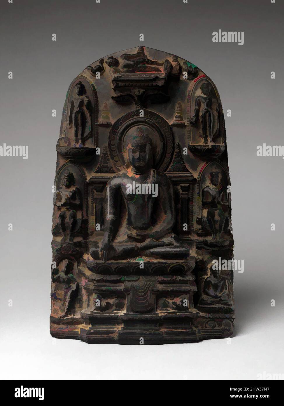 Art inspired by Stele with Eight Great Events from the Life of the Buddha, Pala period, 10th century, India, Bihar, possibly from Nalanda, Black schist with traces of gilding, H. 11 1/16 in. (28.1 cm); W. 7 in. (17.8 cm); D. 3/4 in. (1.9 cm); Wt. 11 lbs (5 kg), Sculpture, Most, Classic works modernized by Artotop with a splash of modernity. Shapes, color and value, eye-catching visual impact on art. Emotions through freedom of artworks in a contemporary way. A timeless message pursuing a wildly creative new direction. Artists turning to the digital medium and creating the Artotop NFT Stock Photo