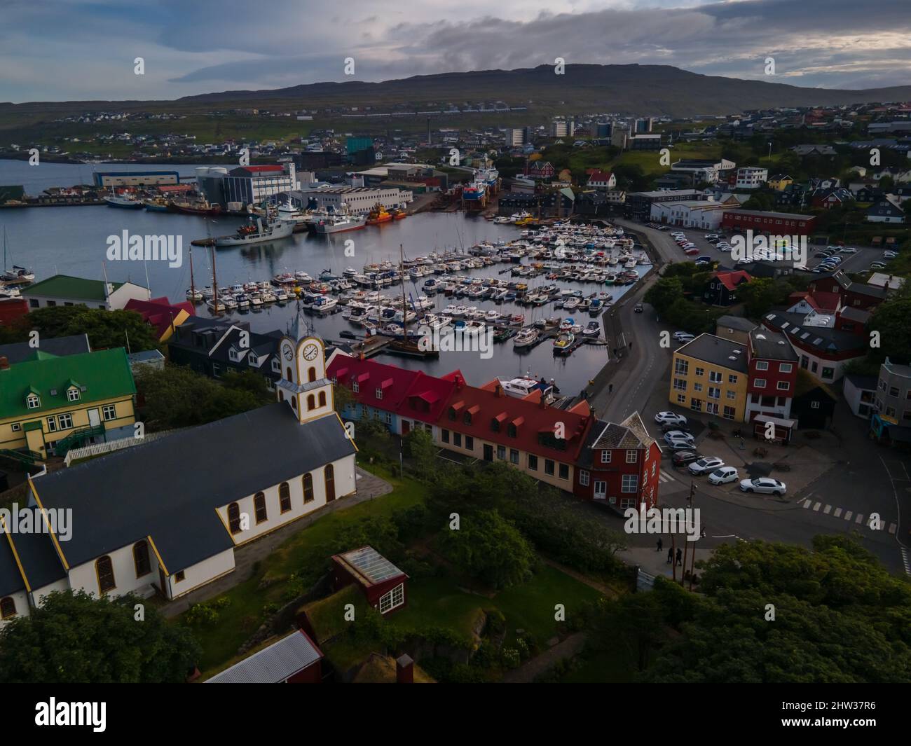 Beautiful aerial view of the city of Torshavn in the Faroe Islands and its classic colorful houses, red building with grass Stock Photo