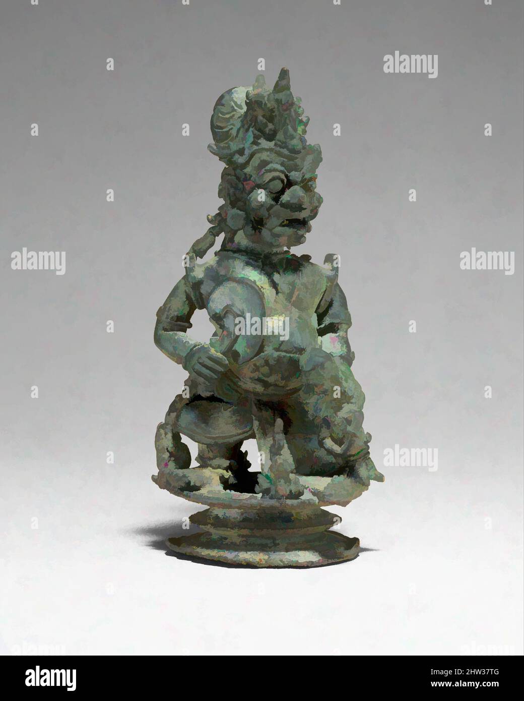 Art inspired by Top of a Bell in the Form of a Demon King or Guardian, Eastern Javanese period, ca. second half of the 12th–early 13th century, Indonesia (Java), Bronze, H. 4 15/16 in. (12.5 cm), Sculpture, This finial from a hanging bell takes the form of an unusually lively and, Classic works modernized by Artotop with a splash of modernity. Shapes, color and value, eye-catching visual impact on art. Emotions through freedom of artworks in a contemporary way. A timeless message pursuing a wildly creative new direction. Artists turning to the digital medium and creating the Artotop NFT Stock Photo