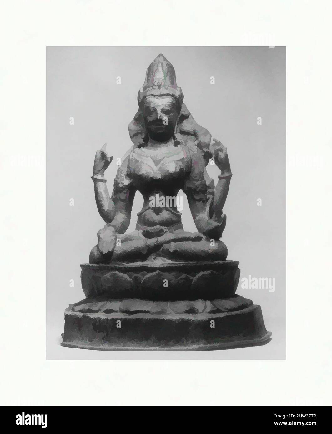 Art inspired by Prajnaparamita, the Buddhist Goddess of Transcendent Wisdom, Sailendra style, 9th century, Indonesia, Bronze with traces of lacquer, H. 13 3/4 in. (34.9 cm); W. 10 3/8 in. (26.4 cm); D. 7 3/8 in. (18.7 cm), Sculpture, Esoteric Buddhist deities were favored in both Java, Classic works modernized by Artotop with a splash of modernity. Shapes, color and value, eye-catching visual impact on art. Emotions through freedom of artworks in a contemporary way. A timeless message pursuing a wildly creative new direction. Artists turning to the digital medium and creating the Artotop NFT Stock Photo