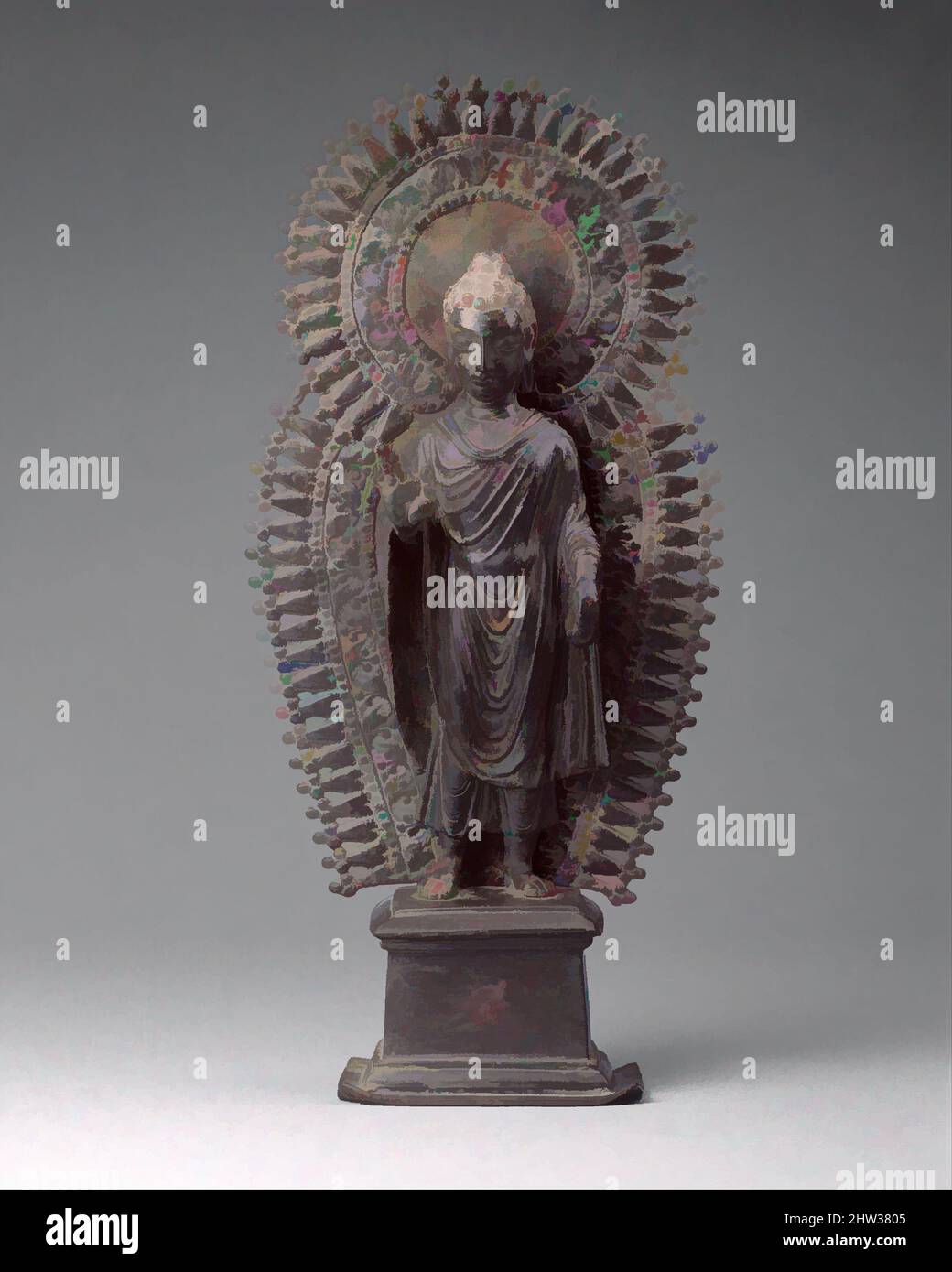 Art inspired by Standing Buddha with Radiate Combined Halo, ca. late 6th century, Pakistan (ancient region of Gandhara), Brass, H. 13 1/4 in. (33.7 cm), Sculpture, A few small personal images from Gandhara representing the Buddha have survived. This metal image blends elements seen in, Classic works modernized by Artotop with a splash of modernity. Shapes, color and value, eye-catching visual impact on art. Emotions through freedom of artworks in a contemporary way. A timeless message pursuing a wildly creative new direction. Artists turning to the digital medium and creating the Artotop NFT Stock Photo