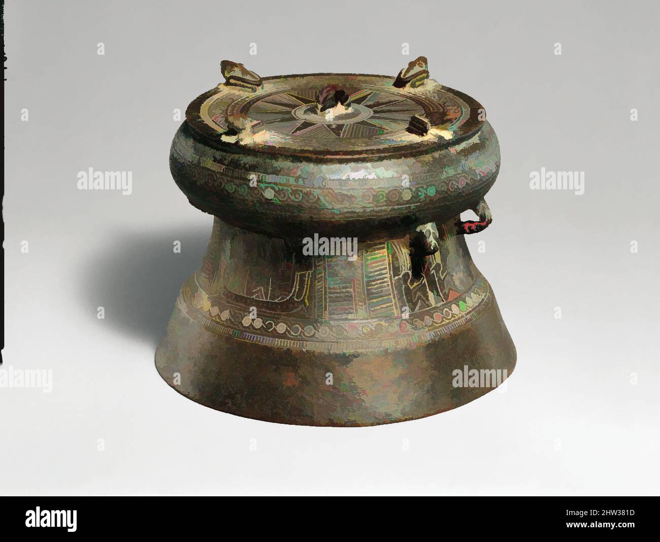 Art inspired by Miniature Drum with Four Frogs, Bronze and Iron Age period, Dongson culture, ca. 500 B.C.–A.D. 300, Vietnam, Bronze, H. 4 in. (10.2 cm), Metalwork, Ranging in height from a few inches to over six feet, up to four feet in diameter, and often of considerable weight, drums, Classic works modernized by Artotop with a splash of modernity. Shapes, color and value, eye-catching visual impact on art. Emotions through freedom of artworks in a contemporary way. A timeless message pursuing a wildly creative new direction. Artists turning to the digital medium and creating the Artotop NFT Stock Photo