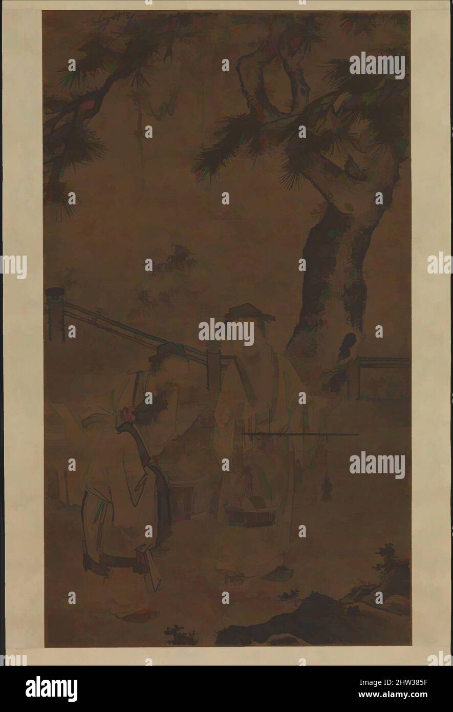 Art inspired by 明 郭詡 稱書圖 軸, Weighing Books, Ming dynasty (1368–1644), early 16th century, China, Hanging scroll; ink and color on silk, Image: 48 3/8 x 28 in. (122.9 x 71.1 cm), Paintings, Guo Xu (Chinese, 1456–1532), This disconcerting image of a gentleman selling his books by weight, Classic works modernized by Artotop with a splash of modernity. Shapes, color and value, eye-catching visual impact on art. Emotions through freedom of artworks in a contemporary way. A timeless message pursuing a wildly creative new direction. Artists turning to the digital medium and creating the Artotop NFT Stock Photo