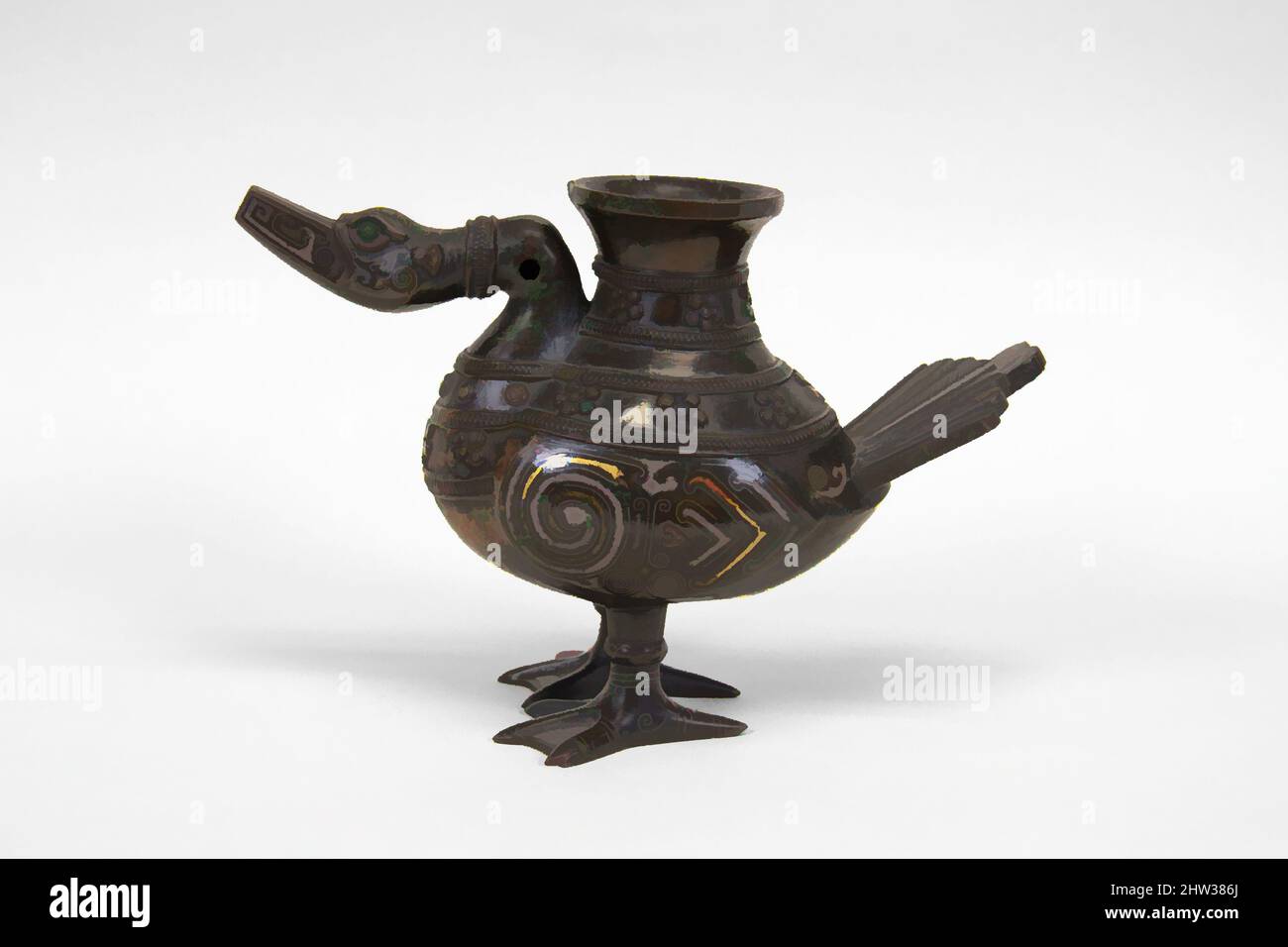 Art inspired by Vessel in the Shape of a Waterfowl, Southern Song dynasty (1127–1279), 12th–13th century, China, Bronze with gold and silver inlay, H. 5 1/2 (14 cm); W. 3 1/2 in. (8.9 cm); L. 8 1/2 in. (21.6 cm), Metalwork, Vessels in the shape of waterfowl are known from before the, Classic works modernized by Artotop with a splash of modernity. Shapes, color and value, eye-catching visual impact on art. Emotions through freedom of artworks in a contemporary way. A timeless message pursuing a wildly creative new direction. Artists turning to the digital medium and creating the Artotop NFT Stock Photo