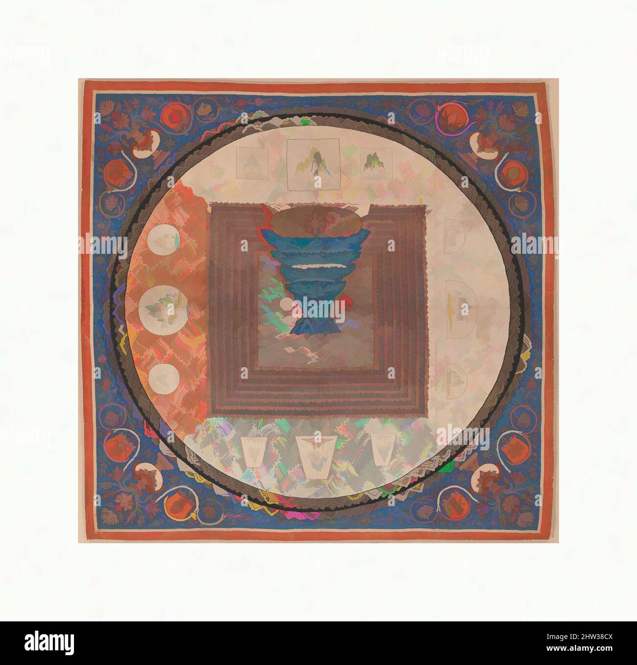 Art inspired by 元 緙絲 須彌山曼陀羅, Cosmological Mandala with Mount Meru, Yuan dynasty (1271–1368), 14th century, China, Silk tapestry (kesi), Overall: 33 x 33 in. (83.8 x 83.8cm), Textiles-Tapestries, The elaborate tapestry-woven mandala, or cosmic diagram, illustrates Indo-Himalayan imagery, Classic works modernized by Artotop with a splash of modernity. Shapes, color and value, eye-catching visual impact on art. Emotions through freedom of artworks in a contemporary way. A timeless message pursuing a wildly creative new direction. Artists turning to the digital medium and creating the Artotop NFT Stock Photo