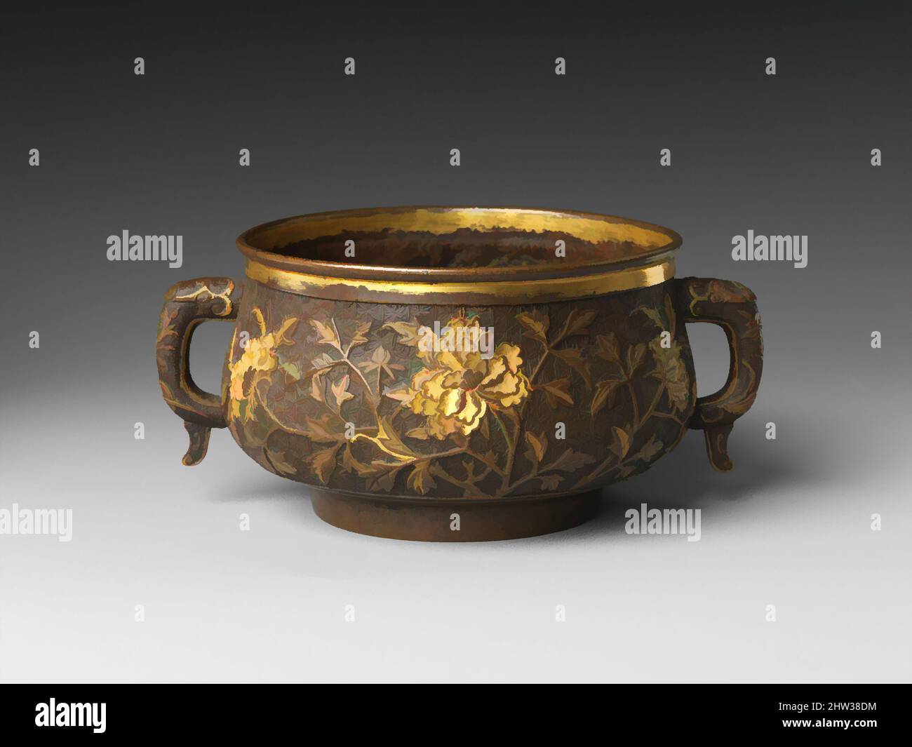 Art inspired by Incense burner, Ming dynasty (1368–1644), late 16th–17th century, China, Copper with gilding, H. 6 1/4 in. (15.9 cm); W. 2 7/8 in. (7.3 cm), Metalwork, Attributed to Hu Wenming (Chinese, active late 16th–early 17th century), Implements commonly used for burning incense, Classic works modernized by Artotop with a splash of modernity. Shapes, color and value, eye-catching visual impact on art. Emotions through freedom of artworks in a contemporary way. A timeless message pursuing a wildly creative new direction. Artists turning to the digital medium and creating the Artotop NFT Stock Photo