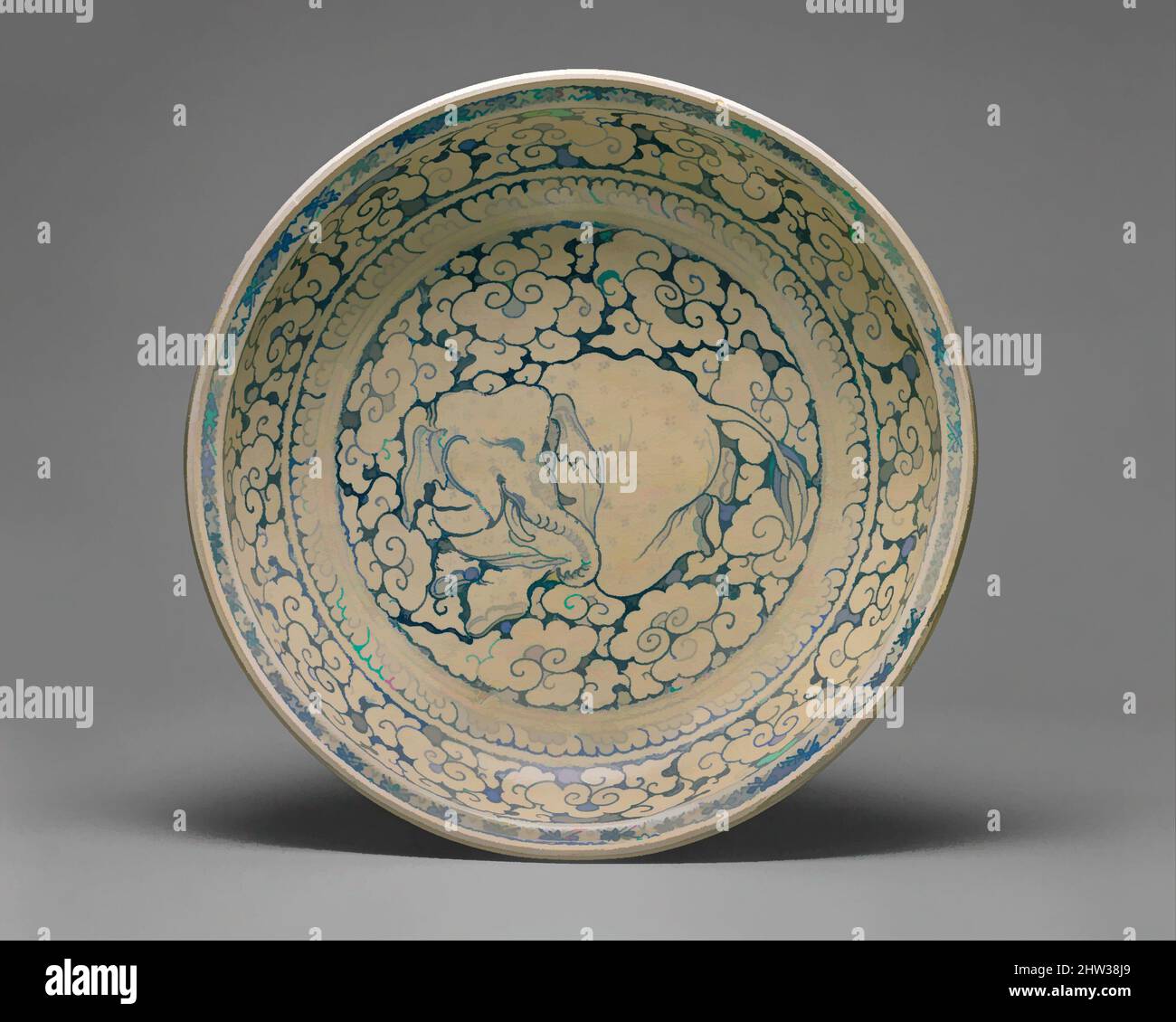 Art inspired by Dish with Recumbent Elephant Surrounded by Clouds, 15th–16th century, Vietnam, Stoneware with underglaze cobalt-blue decoration, Diam. 14 1/4 in. (36.2 cm), Ceramics, This exceptional dish, with its depiction of a kneeling elephant surrounded by abstract cloud, Classic works modernized by Artotop with a splash of modernity. Shapes, color and value, eye-catching visual impact on art. Emotions through freedom of artworks in a contemporary way. A timeless message pursuing a wildly creative new direction. Artists turning to the digital medium and creating the Artotop NFT Stock Photo
