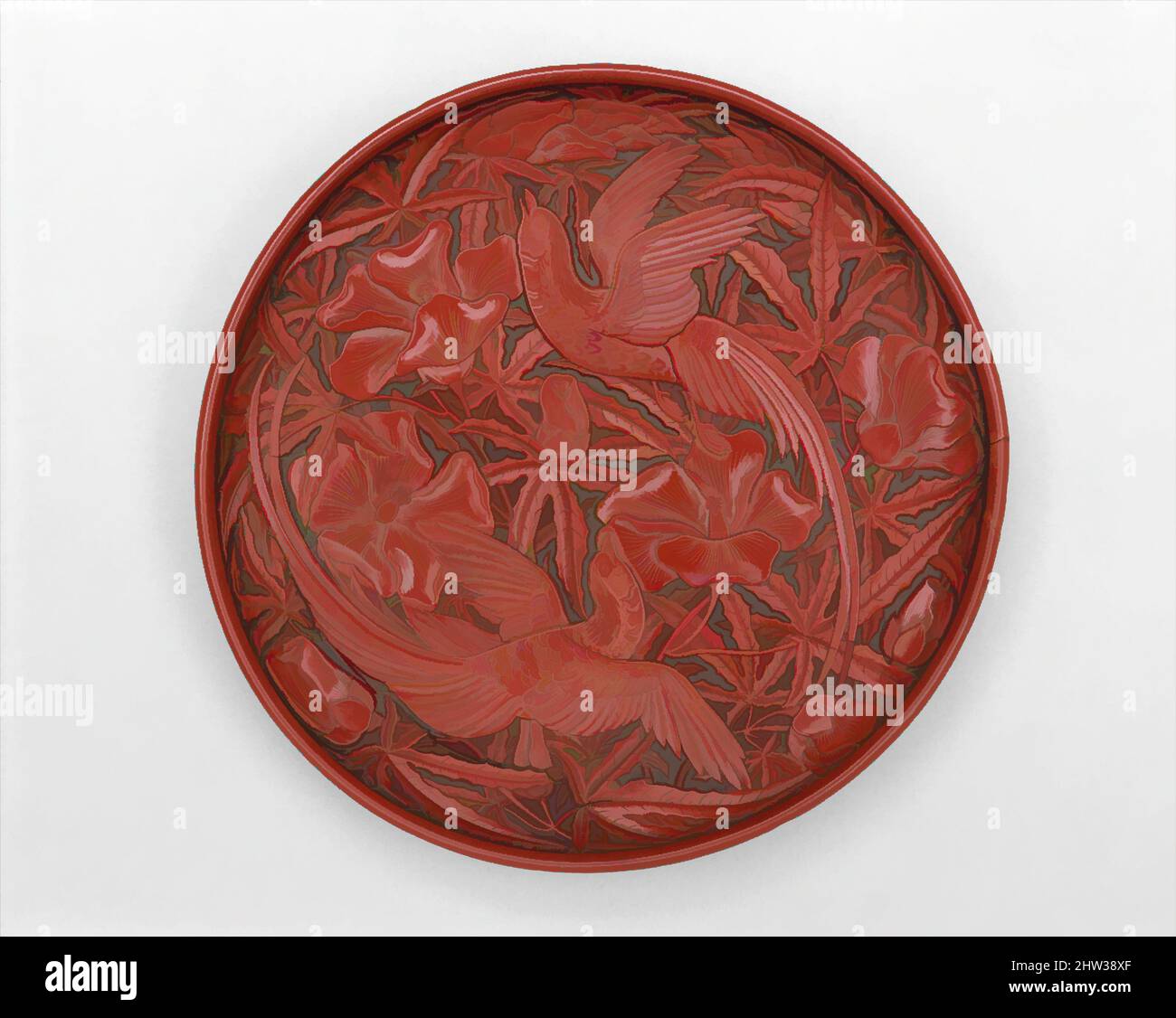 Art inspired by 元 剔紅綬帶秋葵紋漆盤, Dish with long-tailed birds and hollyhock, Yuan dynasty (1271–1368), 14th century, China, Carved red lacquer, H. 1/8 in. (0.3 cm); Diam. 12 3/4 in. (32.4 cm), Lacquer, Several features help date this remarkable dish to the fourteenth century. Two birds, Classic works modernized by Artotop with a splash of modernity. Shapes, color and value, eye-catching visual impact on art. Emotions through freedom of artworks in a contemporary way. A timeless message pursuing a wildly creative new direction. Artists turning to the digital medium and creating the Artotop NFT Stock Photo