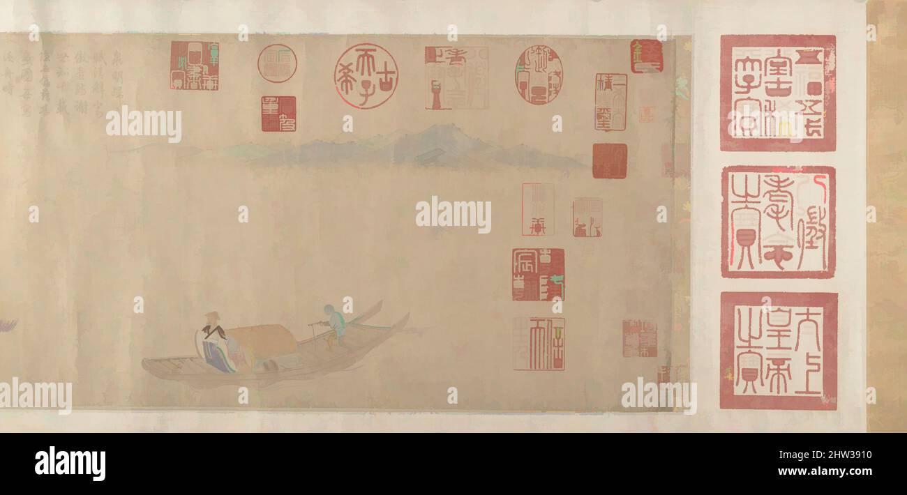 Art inspired by 元/明 倣錢選 鮮于樞 歸去來辭 卷, Ode on Returning Home, 14th–15th century, China, Handscroll; ink, color, and gold on paper, Image: 42 x 10 1/4 in. (106.7 x 26 cm), Paintings, After Qian Xuan (Chinese, ca. 1235–before 1307), Qian Xuan was a celebrated Song loyalist who, following, Classic works modernized by Artotop with a splash of modernity. Shapes, color and value, eye-catching visual impact on art. Emotions through freedom of artworks in a contemporary way. A timeless message pursuing a wildly creative new direction. Artists turning to the digital medium and creating the Artotop NFT Stock Photo