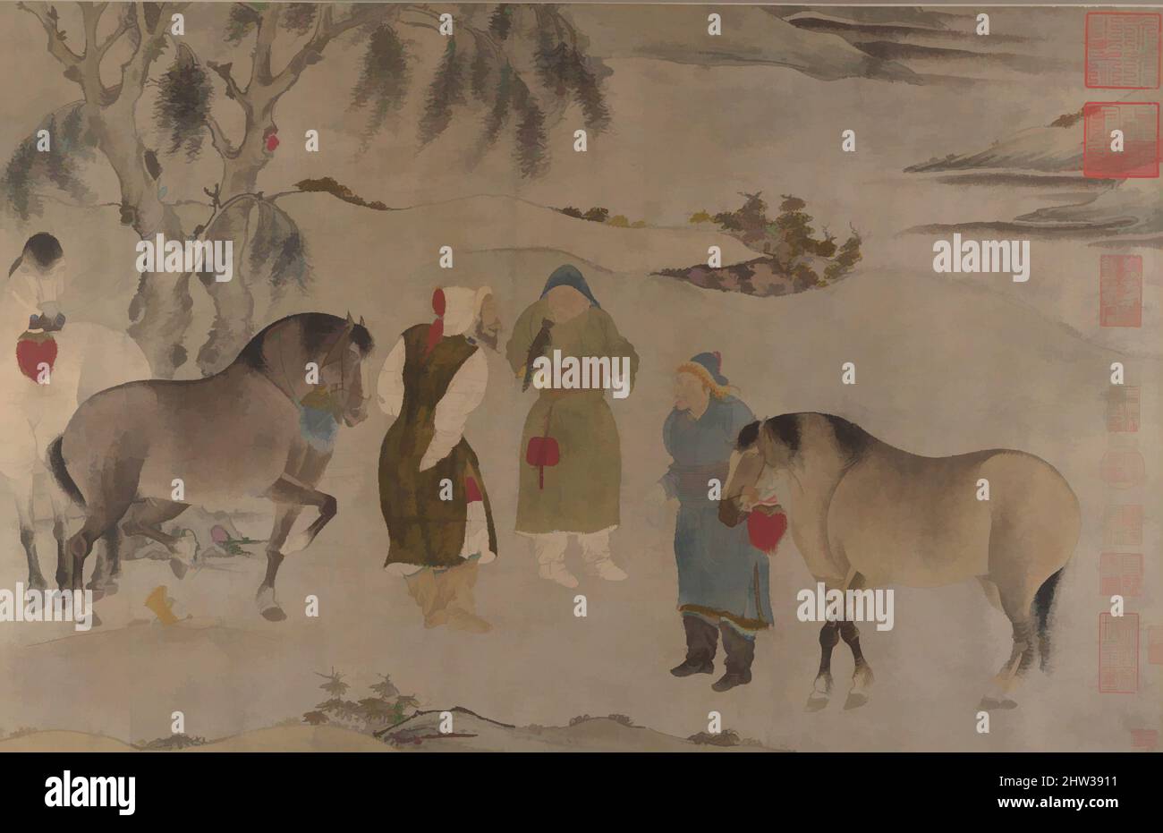 Art inspired by 南宋/元 佚名 六馬圖 卷, Six Horses, 13th–14th century, China, Handscroll; ink and color on paper, Image: 18 3/16 x 66 1/4 in. (46.2 x 168.3 cm), Paintings, Unidentified Artists Chinese, 13th c. (1st half scroll); 14th c. (2nd half), The disparities in paper, pigment, and style, Classic works modernized by Artotop with a splash of modernity. Shapes, color and value, eye-catching visual impact on art. Emotions through freedom of artworks in a contemporary way. A timeless message pursuing a wildly creative new direction. Artists turning to the digital medium and creating the Artotop NFT Stock Photo