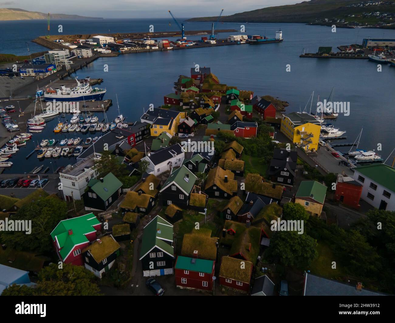 Beautiful aerial view of the city of Torshavn in the Faroe Islands and its classic colorful houses, red building with grass Stock Photo