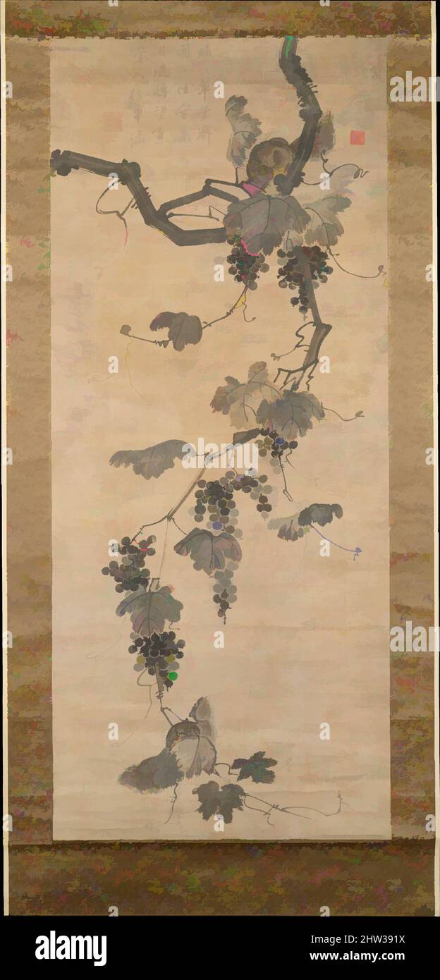 Art inspired by Grapevine and Squirrels, Joseon dynasty (1392–1910), early 19th century, Korea, Hanging scroll; ink and color on paper, Image: 54 x 22 3/4 in. (137.2 x 57.8 cm), Paintings, Unidentified Artist, The subject of grapevine rendered in ink was popular among literati painters, Classic works modernized by Artotop with a splash of modernity. Shapes, color and value, eye-catching visual impact on art. Emotions through freedom of artworks in a contemporary way. A timeless message pursuing a wildly creative new direction. Artists turning to the digital medium and creating the Artotop NFT Stock Photo