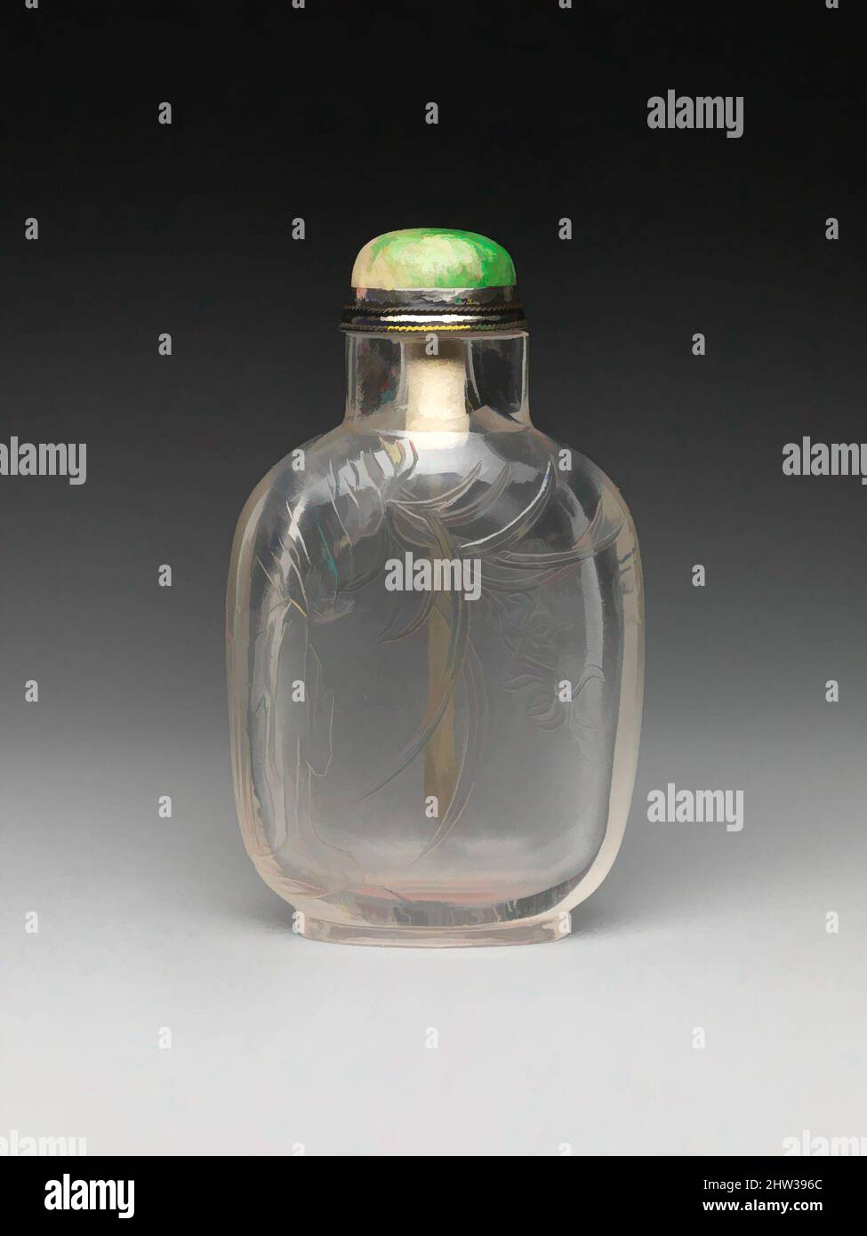 Art inspired by Snuff Bottle with Orchids, Qing dynasty (1644–1911), late 18th–early 19th century, China, Rock crystal with jadeite stopper, H. 3 1/4 in. (8.3 cm); W. 1 7/8 in. (4.8 cm); D. 1 in. (2.5 cm), Snuff Bottles, Classic works modernized by Artotop with a splash of modernity. Shapes, color and value, eye-catching visual impact on art. Emotions through freedom of artworks in a contemporary way. A timeless message pursuing a wildly creative new direction. Artists turning to the digital medium and creating the Artotop NFT Stock Photo