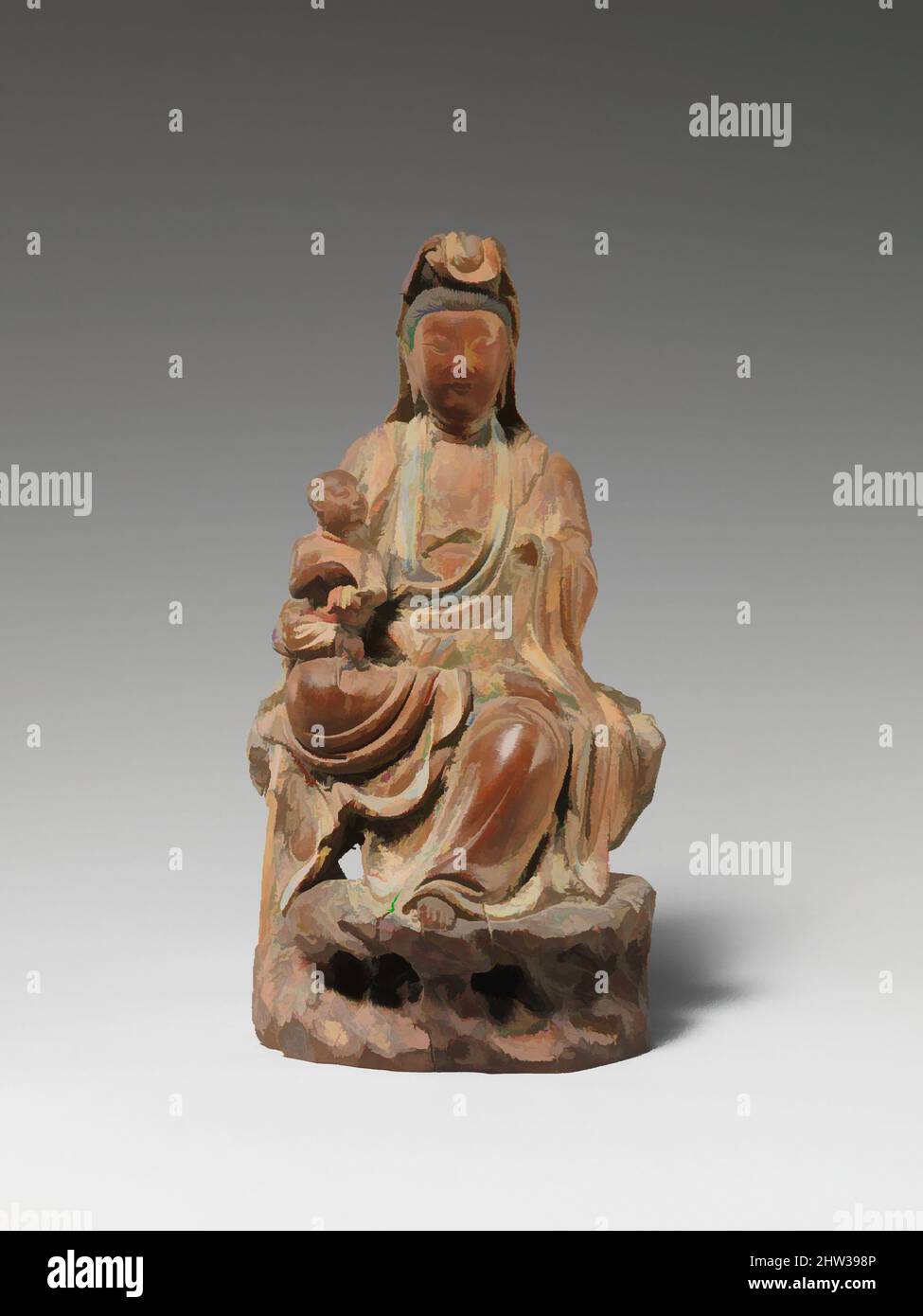 Art inspired by Bodhisattva Avalokiteshvara as the Bestower of Sons (Songzi Guanyin), late Ming (1368–1644) or Qing (1644–1911) dynasty, 17th–18th century, China, Wood (sandalwood) with traces of pigment and gilding, single-woodblock construction, H. 5 3/8 in. (13.7 cm); W. 2 3/4 in. (, Classic works modernized by Artotop with a splash of modernity. Shapes, color and value, eye-catching visual impact on art. Emotions through freedom of artworks in a contemporary way. A timeless message pursuing a wildly creative new direction. Artists turning to the digital medium and creating the Artotop NFT Stock Photo