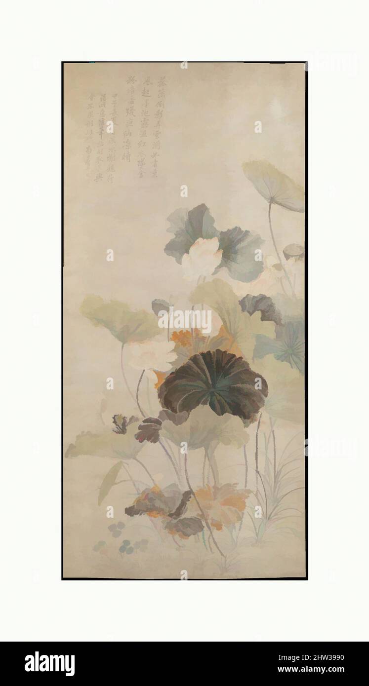 Art inspired by 清 傳惲壽平 夏夜清荷圖 軸, Lotuses on a Summer Evening, Qing dynasty (1644–1911), dated 1684, China, Hanging scroll; ink and color on paper, Image: 82 5/16 x 38 11/16 in. (209.1 x 98.3 cm), Paintings, Yun Shouping (Chinese, 1633–1690), Lotuses, a tour de force of 'boneless' (color, Classic works modernized by Artotop with a splash of modernity. Shapes, color and value, eye-catching visual impact on art. Emotions through freedom of artworks in a contemporary way. A timeless message pursuing a wildly creative new direction. Artists turning to the digital medium and creating the Artotop NFT Stock Photo