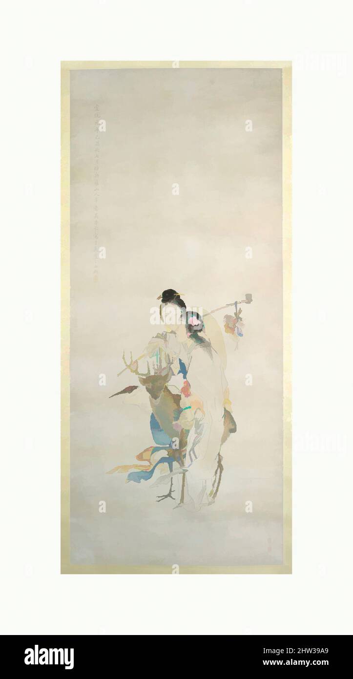 Art inspired by 近代 吳淑娟 仙姑圖 軸, Female Immortals, Qing dynasty (1644–1911), dated 1909, China, Hanging scroll; ink and color on paper, 47 3/4 x 20 5/8 in. (121.3 x 52.4 cm), Paintings, Wu Shujuan (Chinese, 1853–1930, Classic works modernized by Artotop with a splash of modernity. Shapes, color and value, eye-catching visual impact on art. Emotions through freedom of artworks in a contemporary way. A timeless message pursuing a wildly creative new direction. Artists turning to the digital medium and creating the Artotop NFT Stock Photo