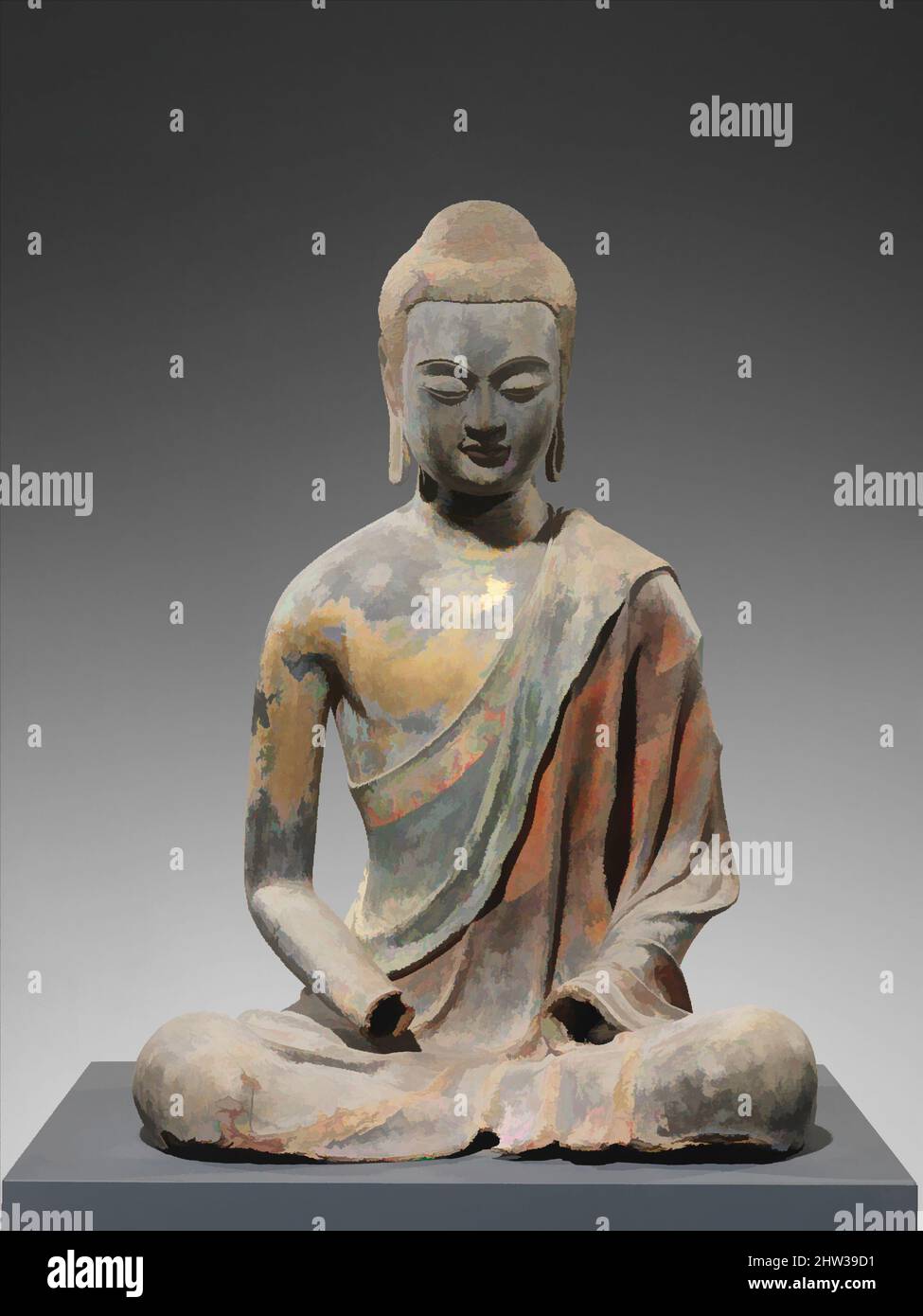 Art inspired by 唐 彩繪漆金夾紵阿彌陀佛像, Buddha, Probably Amitabha (Amituofo), Tang dynasty (618–907), early 7th century, China, Hollow dry lacquer with traces of gilt and polychrome pigment and gilding, H. 38 in. (96.5 cm); W. 27 in. (68.6 cm); D. 22 1/2 in. (57.1 cm), Sculpture, The position, Classic works modernized by Artotop with a splash of modernity. Shapes, color and value, eye-catching visual impact on art. Emotions through freedom of artworks in a contemporary way. A timeless message pursuing a wildly creative new direction. Artists turning to the digital medium and creating the Artotop NFT Stock Photo