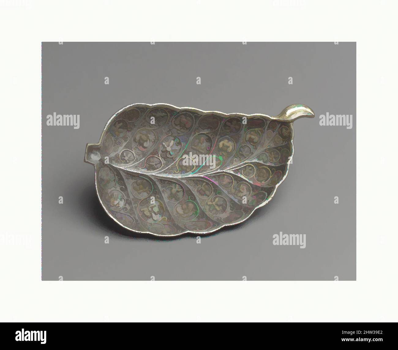 Art inspired by 唐 鎏金葉形銀盤, Dish in the Shape of a Leaf, Tang dynasty (618–907), late 7th–early 8th century, China, Silver with parcel gilding, L. 5 3/4 in. (14.6 cm), Metalwork, Flowers and birds increasingly became the dominant motifs of Tang silver from the eighth century onward, Classic works modernized by Artotop with a splash of modernity. Shapes, color and value, eye-catching visual impact on art. Emotions through freedom of artworks in a contemporary way. A timeless message pursuing a wildly creative new direction. Artists turning to the digital medium and creating the Artotop NFT Stock Photo