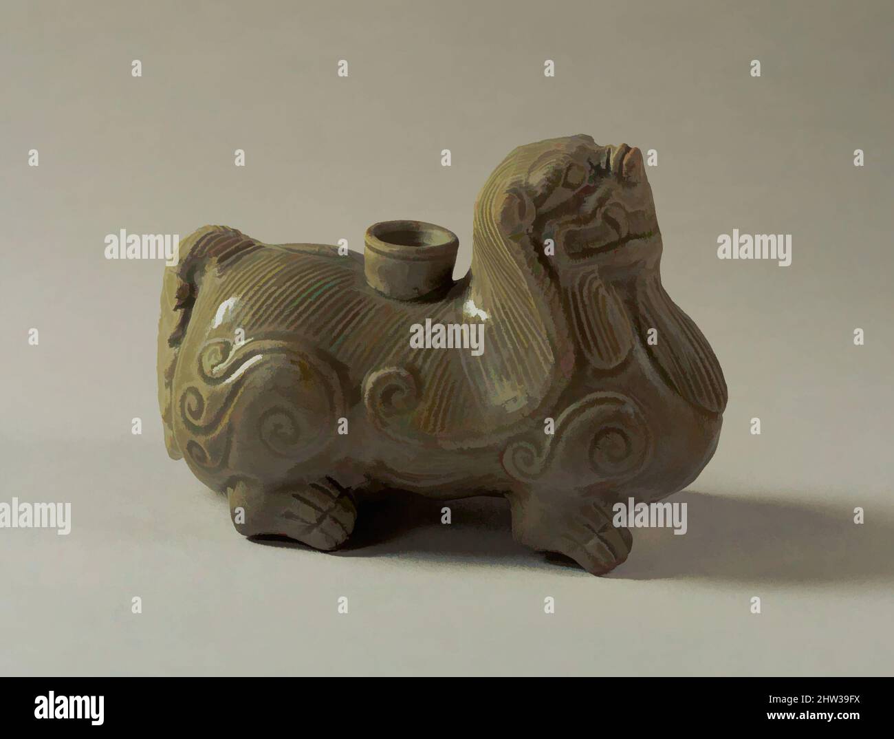 Art inspired by 西晉 神獸形青瓷燭臺, Candle Stand in the Shape of a Fantastic Animal, Western Jin dynasty (265–316), China, Earthenware with green glaze, L. 5 in. (12.7 cm), Ceramics, Classic works modernized by Artotop with a splash of modernity. Shapes, color and value, eye-catching visual impact on art. Emotions through freedom of artworks in a contemporary way. A timeless message pursuing a wildly creative new direction. Artists turning to the digital medium and creating the Artotop NFT Stock Photo