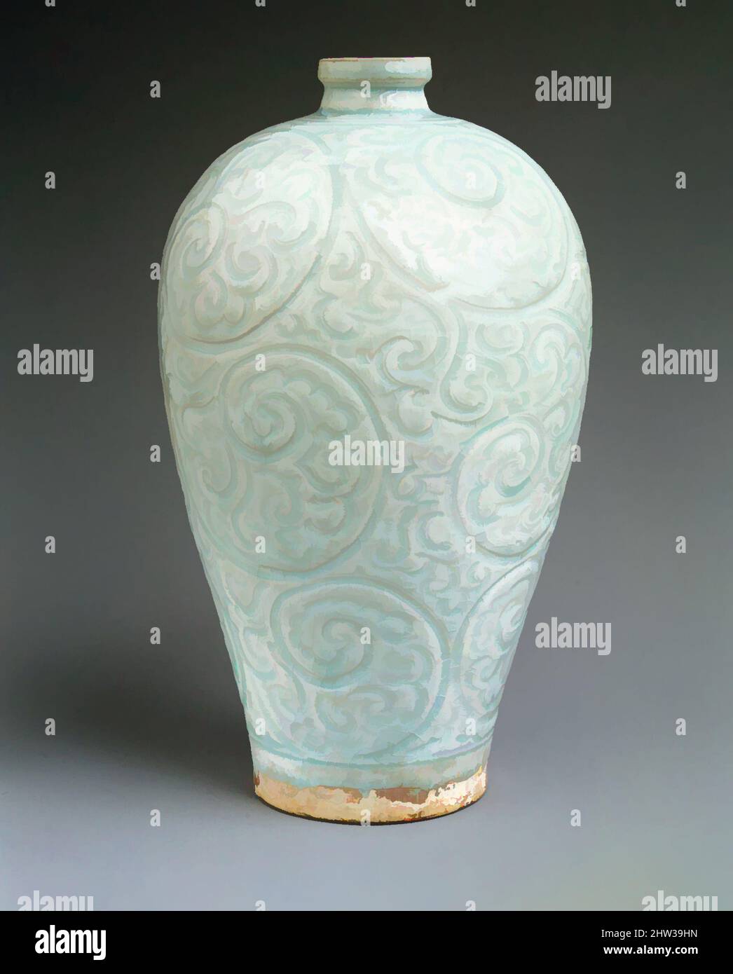 Art inspired by Vase in Meiping Shape, Southern Song (1127–1279)–Yuan (1271–1368) dynasty, late 13th–first half of the 14th century, China, Porcelain with incised and carved design under celadon glaze (Jingdezhen Qingbai ware), H. 12 3/8 in. (31.4 cm), Ceramics, The lively design of, Classic works modernized by Artotop with a splash of modernity. Shapes, color and value, eye-catching visual impact on art. Emotions through freedom of artworks in a contemporary way. A timeless message pursuing a wildly creative new direction. Artists turning to the digital medium and creating the Artotop NFT Stock Photo