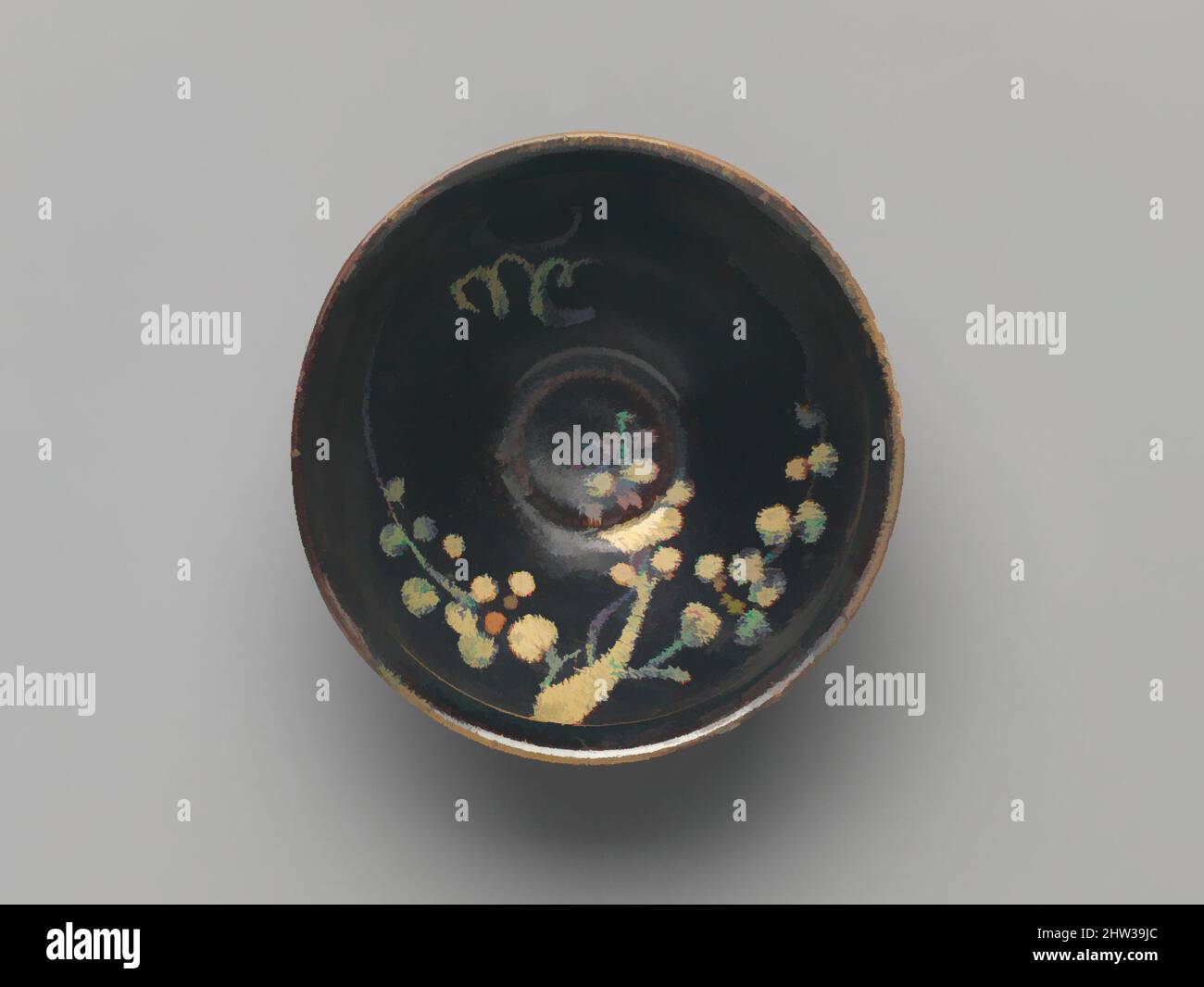 Art inspired by Tea Bowl with Crescent Moon, Clouds, and Blossoming Plum, Southern Song (1127–1279)–Yuan (1271–1368) dynasty, 13th–14th century, China, Stoneware with black and brown glaze and pigment (Jizhou ware), Diam. 4 3/4 in. (12.1 cm), Ceramics, A common theme in the decorative, Classic works modernized by Artotop with a splash of modernity. Shapes, color and value, eye-catching visual impact on art. Emotions through freedom of artworks in a contemporary way. A timeless message pursuing a wildly creative new direction. Artists turning to the digital medium and creating the Artotop NFT Stock Photo