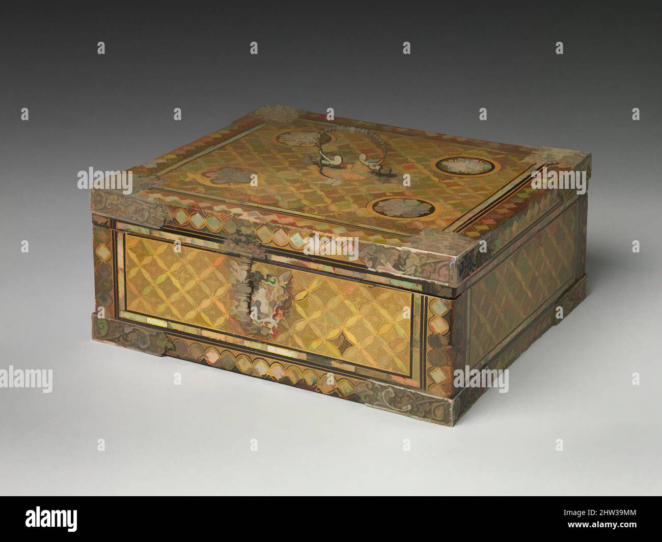 Art inspired by Storage Box in Nanban (Southern Barbarian) Style, Muromachi period (1392–1573) or Momoyama period (1573–1615), 16th century, Japan, Gold maki-e on black lacquer, inlaid with mother-of-pearl; silver mounts, H. 5 1/2 (14 cm); W. 12 5/8 in. (32.1 cm); D. 11 3/8 in. (28.9, Classic works modernized by Artotop with a splash of modernity. Shapes, color and value, eye-catching visual impact on art. Emotions through freedom of artworks in a contemporary way. A timeless message pursuing a wildly creative new direction. Artists turning to the digital medium and creating the Artotop NFT Stock Photo