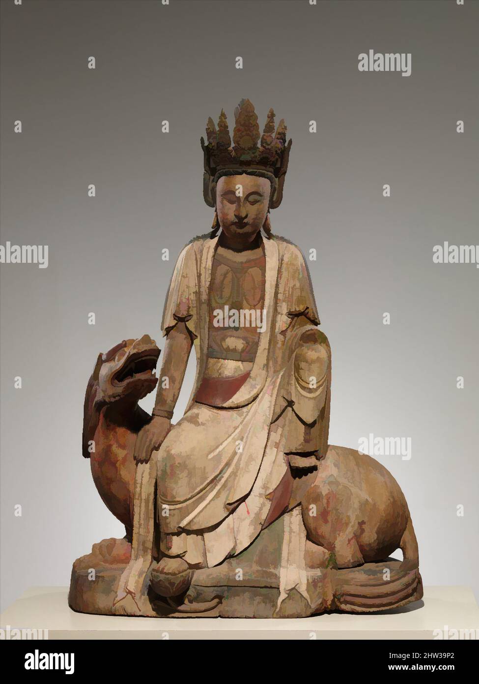 Art inspired by Bodhisattva Avalokiteshvara of the Lion's Roar, or Simhanada Avalokiteshvara (Shi Hou Guanyin), Qing dynasty (1644–1911), 19th–20th century, China, Wood (willow) with traces of pigment, single-woodblock construction, H. 59 7/8 in. (152.1 cm); W. 43 1/8 in. (109.5 cm, Classic works modernized by Artotop with a splash of modernity. Shapes, color and value, eye-catching visual impact on art. Emotions through freedom of artworks in a contemporary way. A timeless message pursuing a wildly creative new direction. Artists turning to the digital medium and creating the Artotop NFT Stock Photo