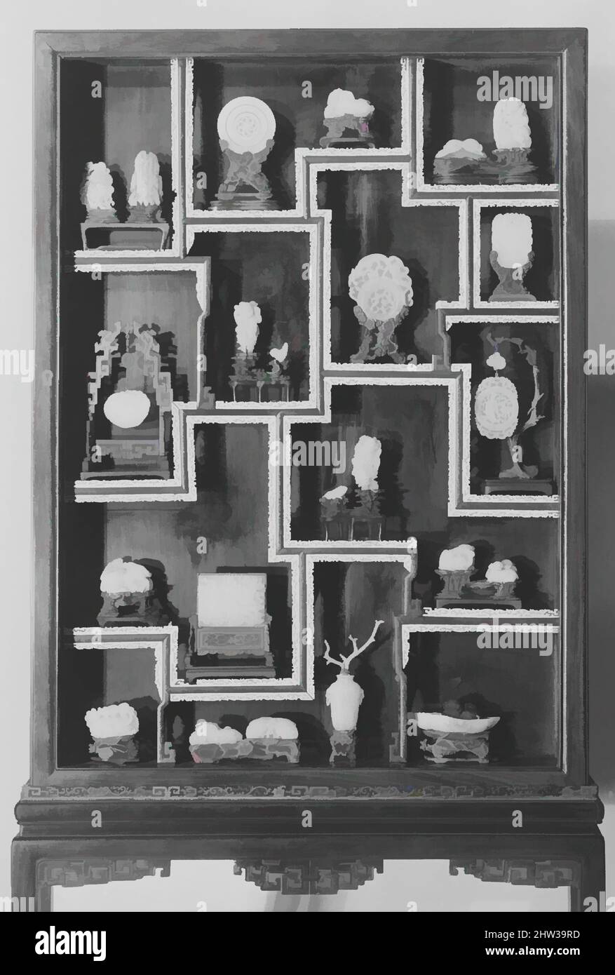 Art inspired by Vitrine Containing Twenty-Three Ornaments, 18th–19th century, China, a-w:Jade and other materials; x: wood vitrine with strips of ivory fret, a. H. 1 7/8 in. (4.8 cm); W. 1 1/2 in. (3.8 cm), Jade, Classic works modernized by Artotop with a splash of modernity. Shapes, color and value, eye-catching visual impact on art. Emotions through freedom of artworks in a contemporary way. A timeless message pursuing a wildly creative new direction. Artists turning to the digital medium and creating the Artotop NFT Stock Photo