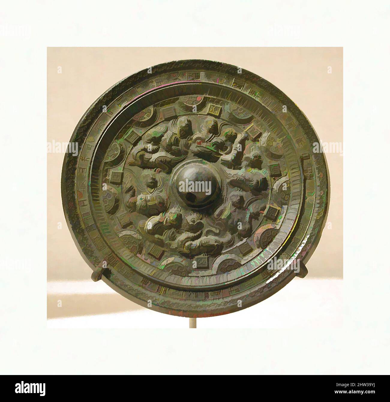 Art inspired by 東漢 仙人神獸紋青銅畫像鏡, Mirror with Supernatural Beings and Animals, Eastern Han dynasty (25–220), late 2nd century, China, Bronze, Diam. 4 1/4 in. (10.8 cm), Mirrors, Classic works modernized by Artotop with a splash of modernity. Shapes, color and value, eye-catching visual impact on art. Emotions through freedom of artworks in a contemporary way. A timeless message pursuing a wildly creative new direction. Artists turning to the digital medium and creating the Artotop NFT Stock Photo