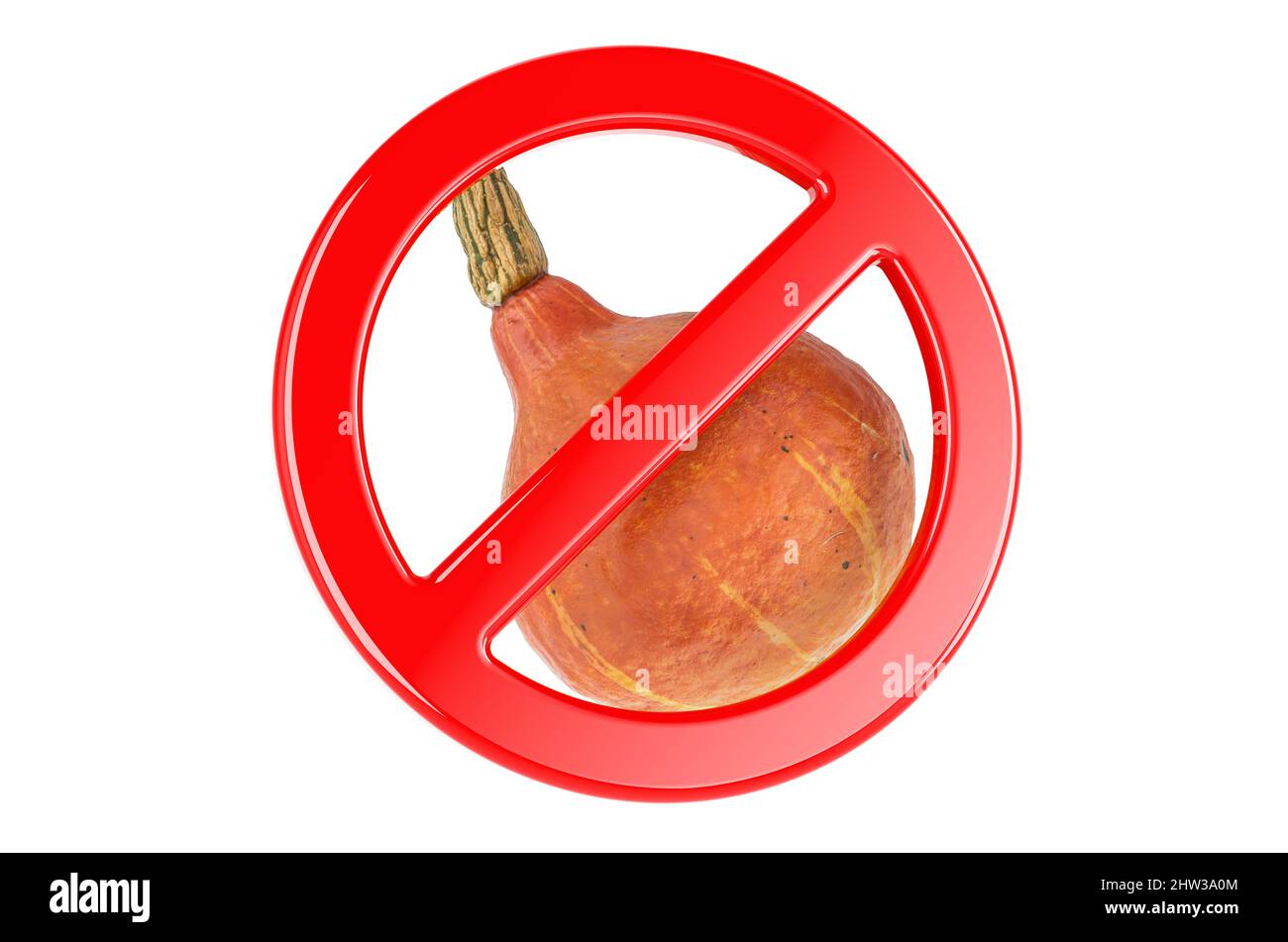 Hokkaido pumpkin with forbidden sign, 3D rendering isolated on white background Stock Photo