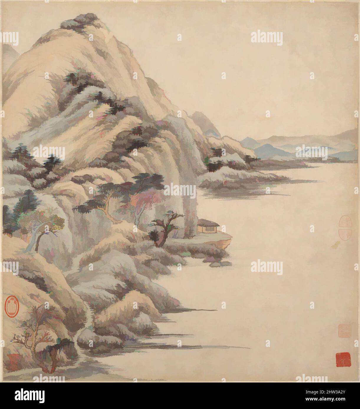 Art inspired by 清 王鑑 仿古山水圖 冊 紙本, Landscapes in the styles of ancient masters, Qing dynasty (1644–1911), 17th century, China, Album of eighteen leaves; ink and color on paper, 11 3/4 x 12 3/8 in. (29.8 x 31.4 cm), Paintings, Wang Jian (Chinese, 1609–1677 or 1688), Wang Jian's paintings, Classic works modernized by Artotop with a splash of modernity. Shapes, color and value, eye-catching visual impact on art. Emotions through freedom of artworks in a contemporary way. A timeless message pursuing a wildly creative new direction. Artists turning to the digital medium and creating the Artotop NFT Stock Photo