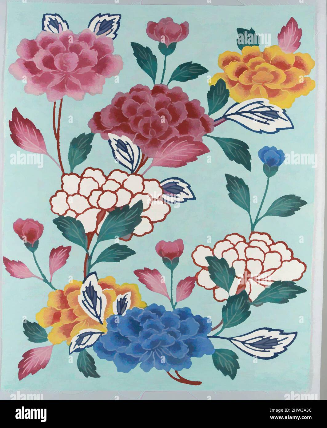 Art inspired by Bingata Panel with Tree Peonies, 20th century, Japan (Ryūkyū Islands), Cotton tabby, 18 1/2 x 15 in. (47 x 38.1 cm), Textiles, Mrs. Teruyo Shinohara and her pupils, Classic works modernized by Artotop with a splash of modernity. Shapes, color and value, eye-catching visual impact on art. Emotions through freedom of artworks in a contemporary way. A timeless message pursuing a wildly creative new direction. Artists turning to the digital medium and creating the Artotop NFT Stock Photo