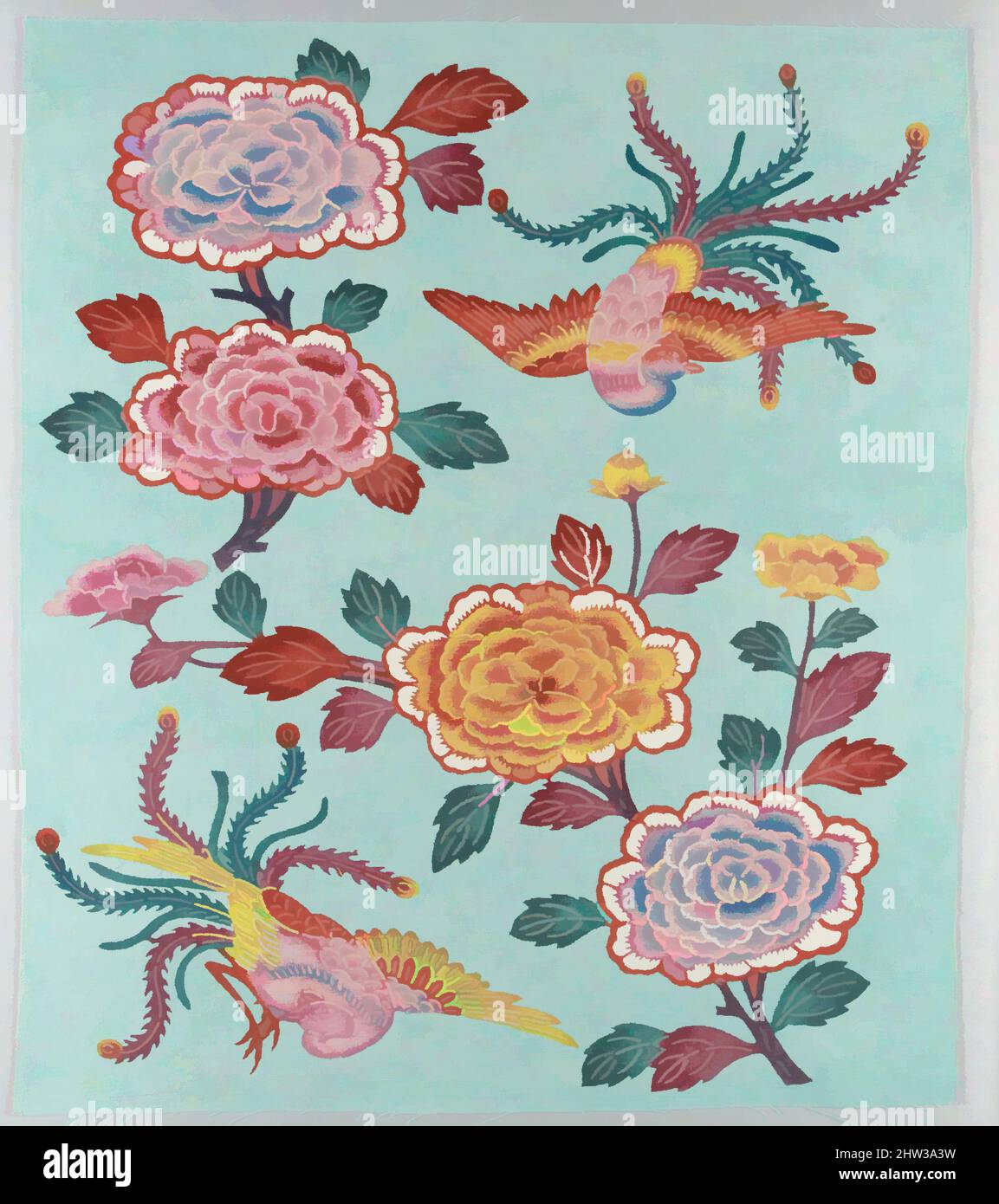 Art inspired by Bingata Panel with Tree Peonies and Peacocks, 20th century, Japan (Ryūkyū Islands), Cotton tabby, 17 x 14 1/2 in. (43.2 x 36.8 cm), Textiles, Mrs. Teruyo Shinohara and her pupils, Classic works modernized by Artotop with a splash of modernity. Shapes, color and value, eye-catching visual impact on art. Emotions through freedom of artworks in a contemporary way. A timeless message pursuing a wildly creative new direction. Artists turning to the digital medium and creating the Artotop NFT Stock Photo