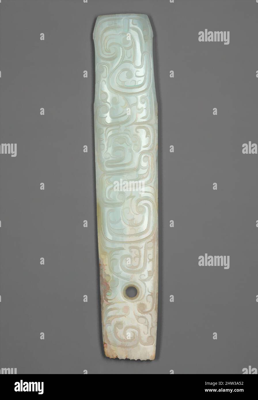 Art inspired by 西周 鳳鳥紋玉柄饰, Handle-Shaped Blade, Western Zhou dynasty (1046–771 B.C.), 10th–9th century B.C., China, Jade (nephrite), L. 10 15/16 in. (26.1 cm), Jade, Throughout the Shang and Zhou dynasties, jade continued to be used in the creation of ritualistic objects, in particular, Classic works modernized by Artotop with a splash of modernity. Shapes, color and value, eye-catching visual impact on art. Emotions through freedom of artworks in a contemporary way. A timeless message pursuing a wildly creative new direction. Artists turning to the digital medium and creating the Artotop NFT Stock Photo