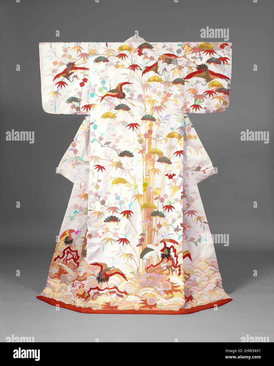Art inspired by �׾]�ӵ�����÷�Q�wģ�����, Outer Robe (Uchikake) with Mount H��rai, Edo period (1615�C1868), second half of the 18th century�Cfirst half of the 19th century, Japan, Silk and metallic thread embroidery on silk satin damask with stencil-dyed details, Overall: 73 x 48 in. (185.4 x 121.9, Classic works modernized by Artotop with a splash of modernity. Shapes, color and value, eye-catching visual impact on art. Emotions through freedom of artworks in a contemporary way. A timeless message pursuing a wildly creative new direction. Artists turning to the digital medium and creating the Artotop NFT Stock Photo