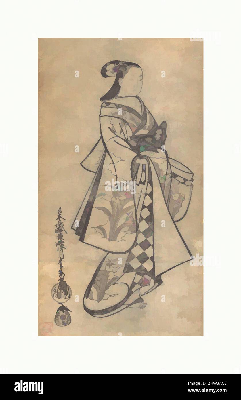 Art inspired by Courtesan for the Fifth Month, Edo period (1615–1868), ca. 1714, Japan, Polychrome woodblock print (sumizuri-e); ink and color on paper, 22 3/4 x 12 3/4 in. (57.8 x 32.4 cm), Prints, Kaigetsudo Anchi (Japanese, active 1714, Classic works modernized by Artotop with a splash of modernity. Shapes, color and value, eye-catching visual impact on art. Emotions through freedom of artworks in a contemporary way. A timeless message pursuing a wildly creative new direction. Artists turning to the digital medium and creating the Artotop NFT Stock Photo