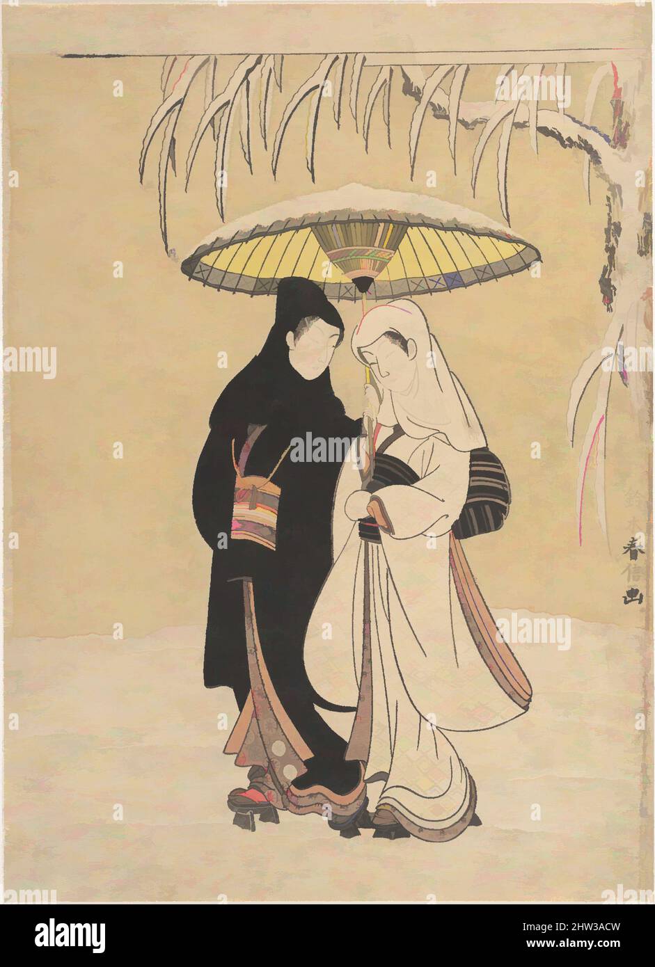 Art inspired by Lovers Walking in the Snow (Crow and Heron), Edo period (1615–1868), 1764–72, Japan, Polychrome woodblock print; ink and color on paper, with embossing (karazuri), H. 11 1/4 in. (28.6 cm); W. 8 1/8 in. (20.6 cm), Prints, Suzuki Harunobu (Japanese, 1725–1770), Of all, Classic works modernized by Artotop with a splash of modernity. Shapes, color and value, eye-catching visual impact on art. Emotions through freedom of artworks in a contemporary way. A timeless message pursuing a wildly creative new direction. Artists turning to the digital medium and creating the Artotop NFT Stock Photo