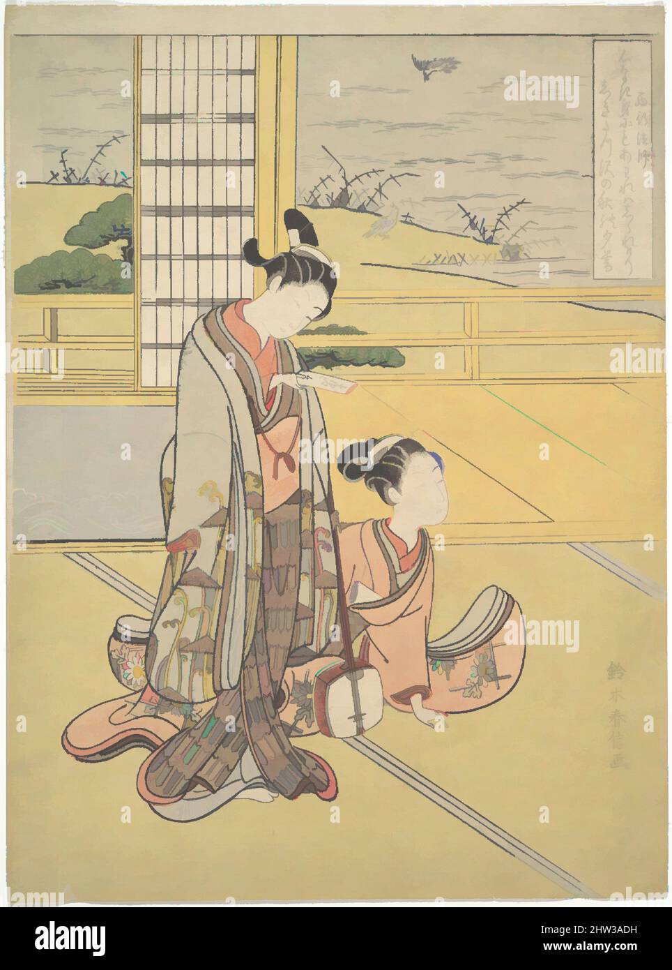 Art inspired by 鈴木春信画　見立三夕　「西行法師」, A Young Man and Woman with a Shamisen; Monk Saigyō, from a series alluding to the Three Evening Poems (Sanseki waka), Edo period (1615–1868), ca. 1768, Japan, Polychrome woodblock print; ink and color on paper, 11 1/6 x 8 1/4 in. (28.4 x 21 cm, Classic works modernized by Artotop with a splash of modernity. Shapes, color and value, eye-catching visual impact on art. Emotions through freedom of artworks in a contemporary way. A timeless message pursuing a wildly creative new direction. Artists turning to the digital medium and creating the Artotop NFT Stock Photo