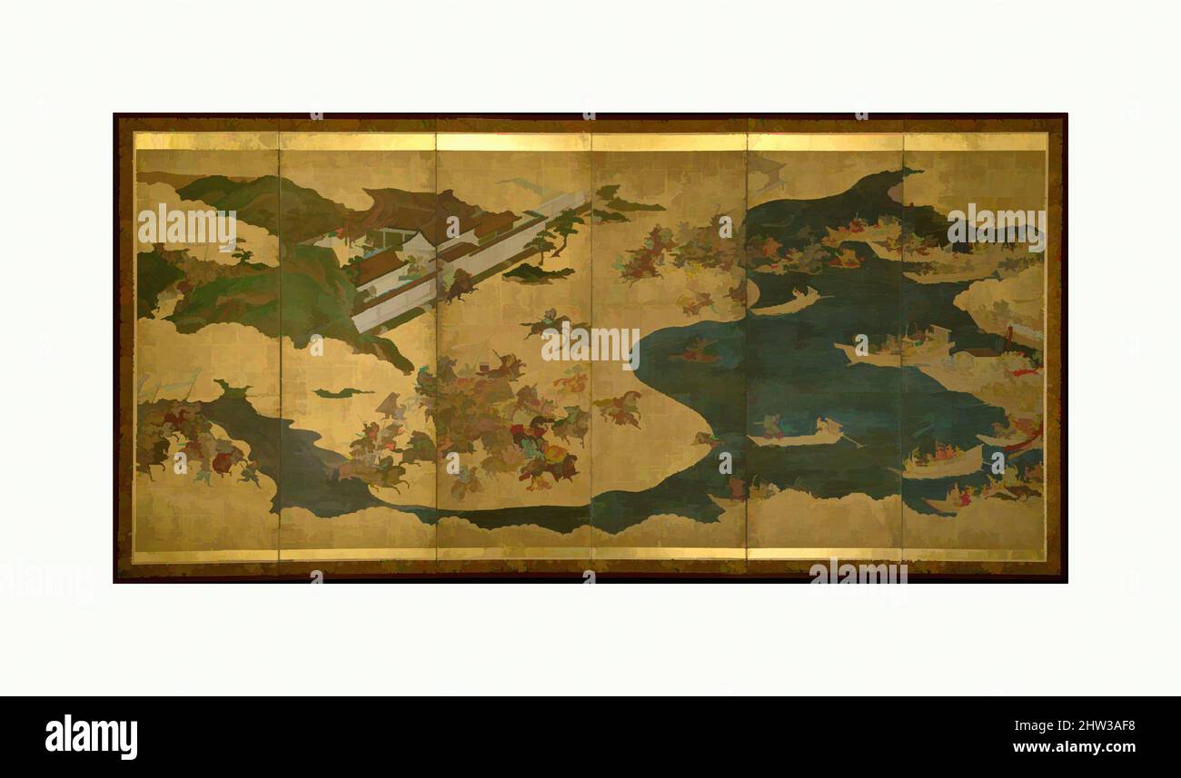 Art inspired by The Battle of Yashima, Scenes from The Tale of the Heike, Edo period (1615–1868), 17th century, Japan, One of a pair of six-panel folding screens; ink, color, and gold on gilded paper, 59 x 133 1/4 in. (149.9 x 338.5 cm), Screens, Tosa School, Depicted on this screen is, Classic works modernized by Artotop with a splash of modernity. Shapes, color and value, eye-catching visual impact on art. Emotions through freedom of artworks in a contemporary way. A timeless message pursuing a wildly creative new direction. Artists turning to the digital medium and creating the Artotop NFT Stock Photo
