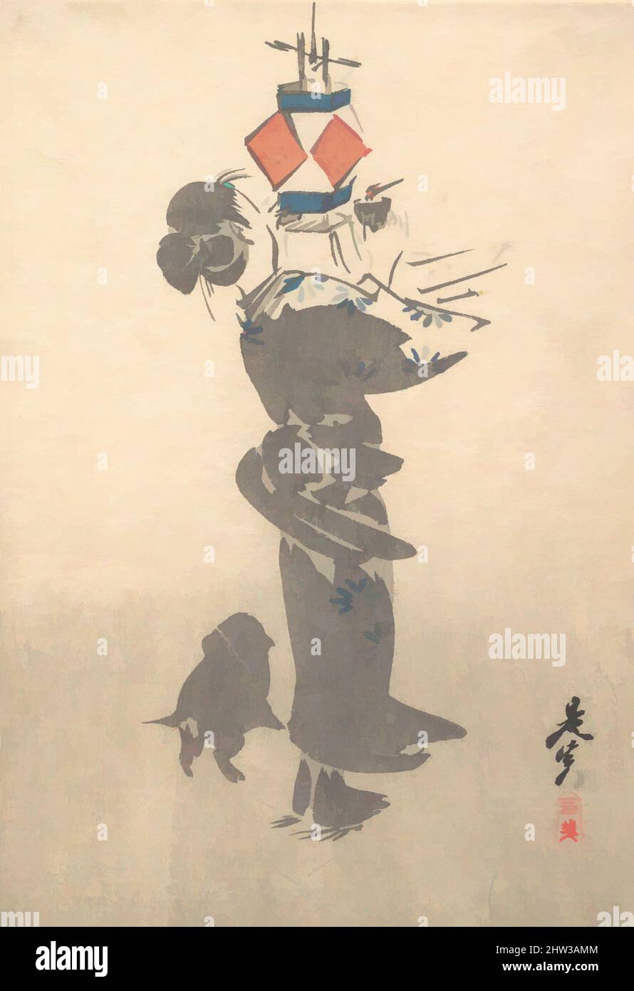 Art inspired by Lighting a Hanging Lantern for the Obon Festival, Edo period (1615–1868), 1860, Japan, Polychrome woodblock print; ink and color on paper, 9 1/8 x 6 3/8 in. (23.2 x 16.2 cm), Prints, Shibata Zeshin (Japanese, 1807–1891, Classic works modernized by Artotop with a splash of modernity. Shapes, color and value, eye-catching visual impact on art. Emotions through freedom of artworks in a contemporary way. A timeless message pursuing a wildly creative new direction. Artists turning to the digital medium and creating the Artotop NFT Stock Photo