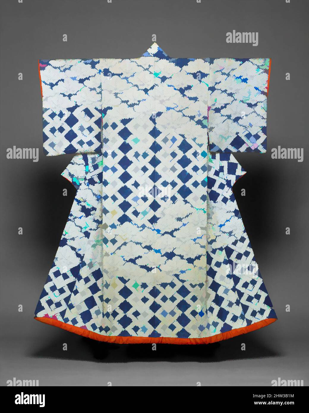 Art inspired by 藍綸子地松鎖模様振袖, Kosode with Design of Pines and Interlocking Squares, Edo period (1615–1868), second half of the 18th century, Japan, Tie-dyed (shibori) pattern on figured silk satin (rinzu), 71 x 50 in. (180.3 x 127 cm), Costumes, This garment's design juxtaposes, Classic works modernized by Artotop with a splash of modernity. Shapes, color and value, eye-catching visual impact on art. Emotions through freedom of artworks in a contemporary way. A timeless message pursuing a wildly creative new direction. Artists turning to the digital medium and creating the Artotop NFT Stock Photo
