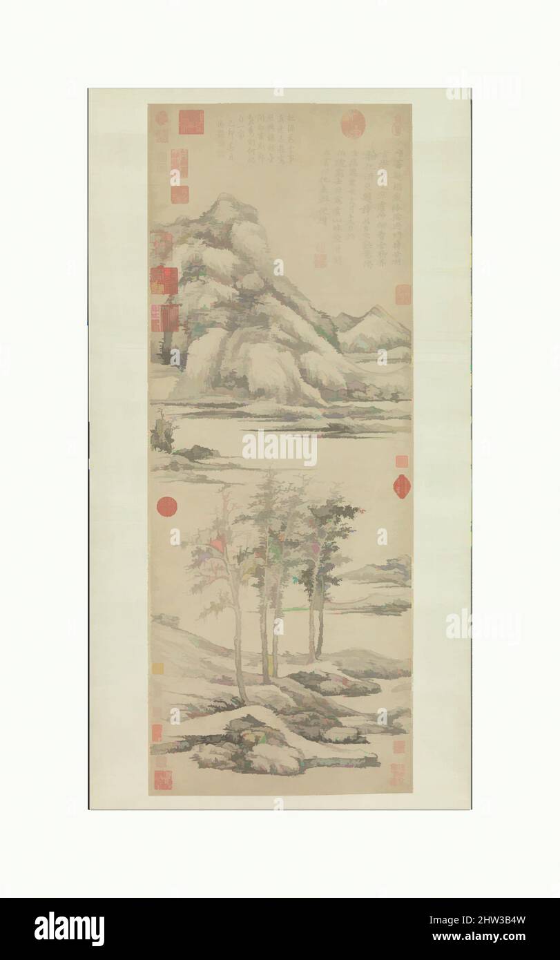 Art inspired by 元 倪瓚 虞山林壑圖 軸, Woods and Valleys of Mount Yu, Yuan dynasty (1271–1368), dated 1372, China, Hanging scroll; ink on paper, Image: 37 1/4 x 14 1/8 in. (94.6 x 35.9 cm), Paintings, Ni Zan (Chinese, 1306–1374), In 1366, Ni Zan abandoned his home to escape marauding soldiers, Classic works modernized by Artotop with a splash of modernity. Shapes, color and value, eye-catching visual impact on art. Emotions through freedom of artworks in a contemporary way. A timeless message pursuing a wildly creative new direction. Artists turning to the digital medium and creating the Artotop NFT Stock Photo