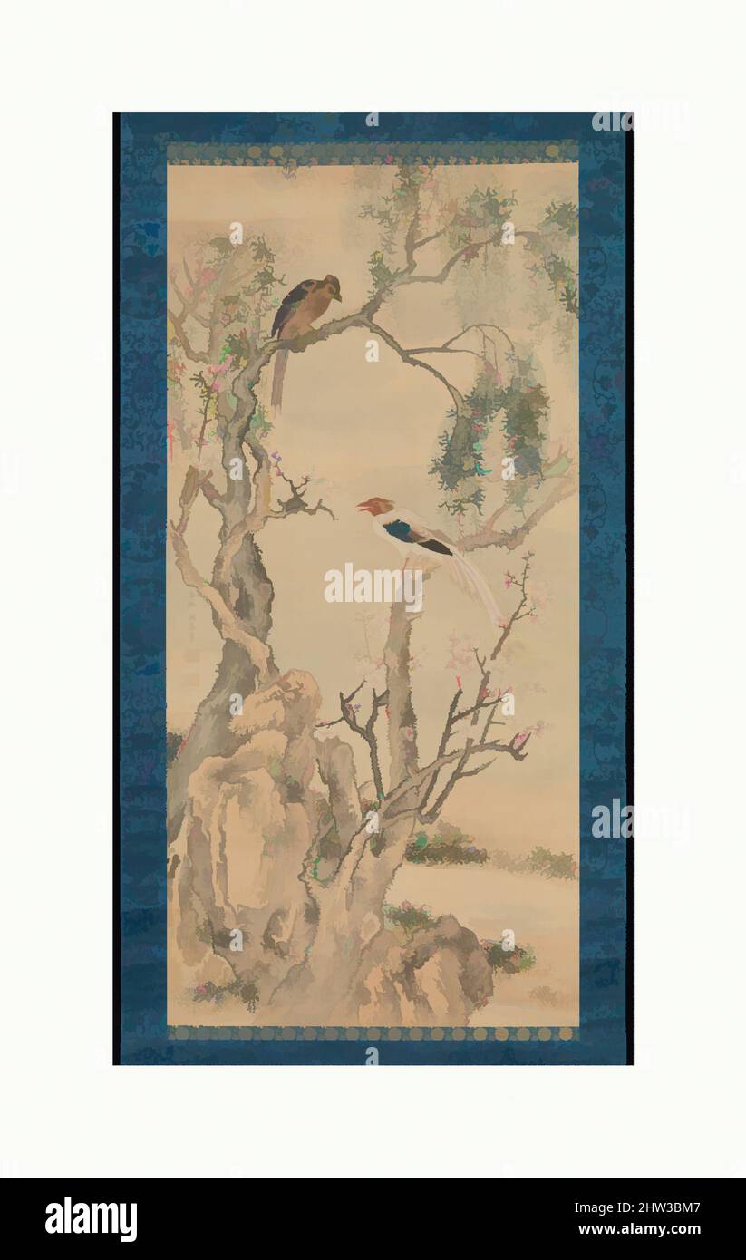 Art inspired by 与謝蕪村筆　柳緑桃紅図, Birds in Willows and Blossoming Peach Tree, Edo period (1615–1868), Japan, Hanging scroll; ink and color on silk, 51 1/2 x 24 9/16 in. (130.8 x 62.4 cm), Paintings, Yosa Buson (Japanese, 1716–1783), Buson’s painting style translates Chinese motifs and, Classic works modernized by Artotop with a splash of modernity. Shapes, color and value, eye-catching visual impact on art. Emotions through freedom of artworks in a contemporary way. A timeless message pursuing a wildly creative new direction. Artists turning to the digital medium and creating the Artotop NFT Stock Photo