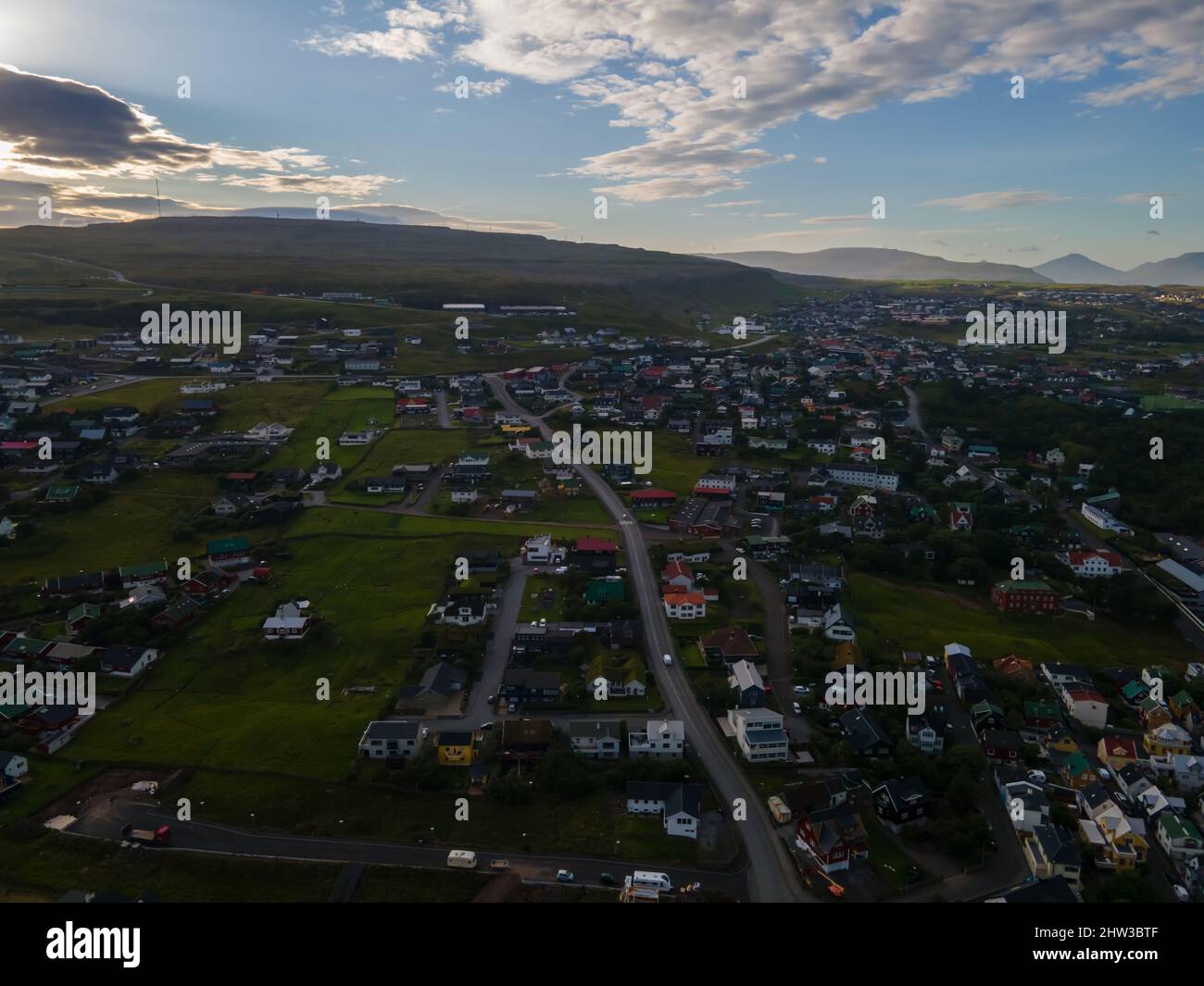 Beautiful aerial view of the city of Torshavn in the Faroe Islands and its classic colorful houses, red building with grass Stock Photo