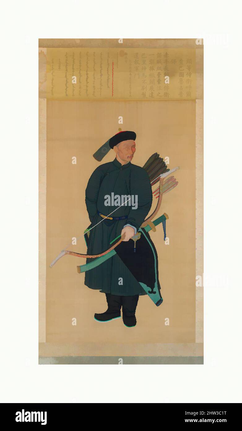 Art inspired by 清 佚名 乾隆頭等侍衛占音保像 軸, Portrait of the Imperial Bodyguard Zhanyinbao, Qing dynasty (1644–1911), dated 1760, China, Hanging scroll; ink and color on silk, Painting and inscription: 74 1/4 x 37 7/16 in. (188.6 x 95.1 cm), Paintings, Unidentified Artist Chinese, 18th century, Classic works modernized by Artotop with a splash of modernity. Shapes, color and value, eye-catching visual impact on art. Emotions through freedom of artworks in a contemporary way. A timeless message pursuing a wildly creative new direction. Artists turning to the digital medium and creating the Artotop NFT Stock Photo