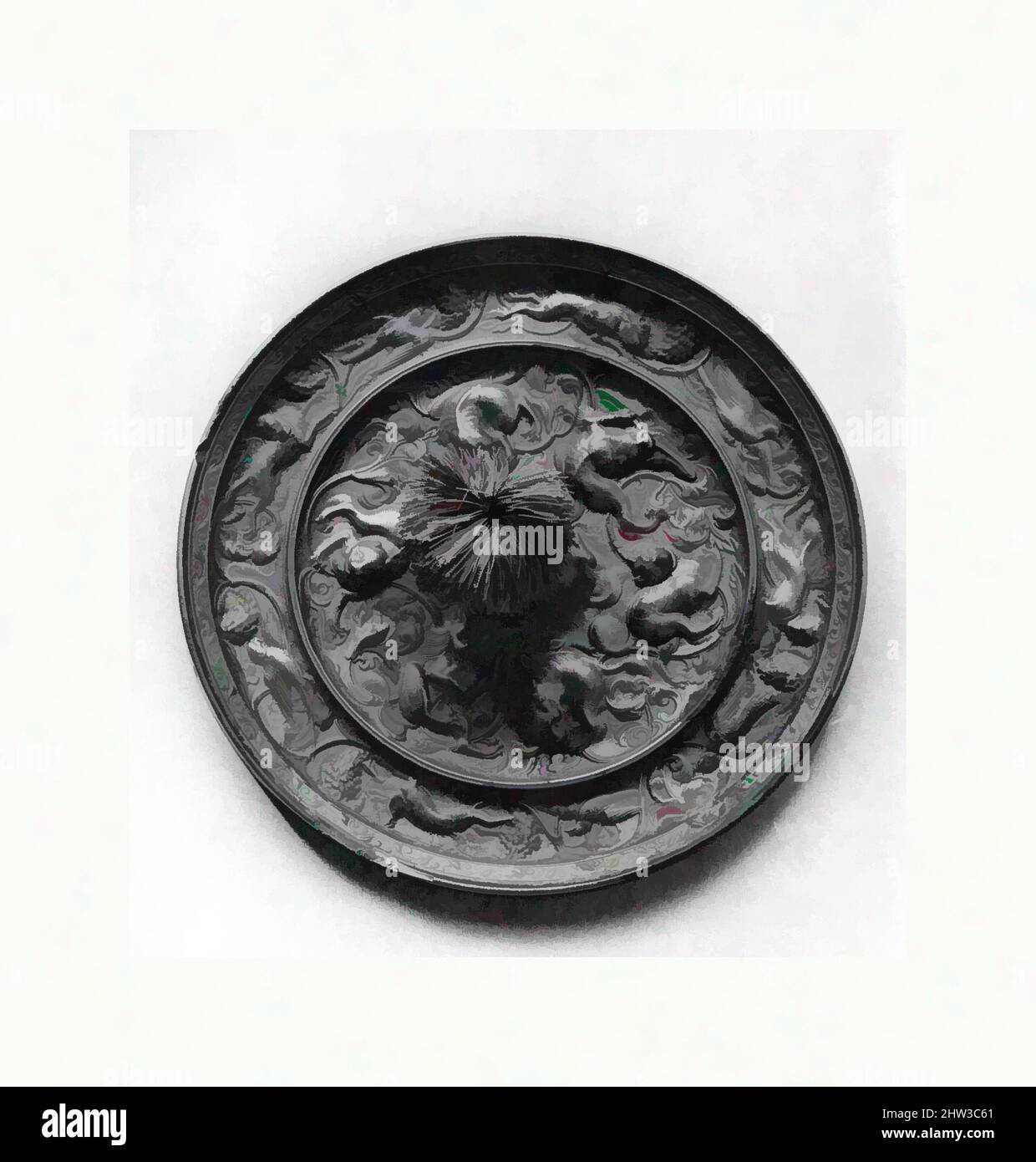 Art inspired by 唐 海獸葡萄紋銅鏡, Mirror with Grapes and Fantastic Sea Animals, Tang dynasty (618–907), 8th century, China, Bronze, Diam. 6 3/4 in. (17.1 cm), Mirrors, Classic works modernized by Artotop with a splash of modernity. Shapes, color and value, eye-catching visual impact on art. Emotions through freedom of artworks in a contemporary way. A timeless message pursuing a wildly creative new direction. Artists turning to the digital medium and creating the Artotop NFT Stock Photo