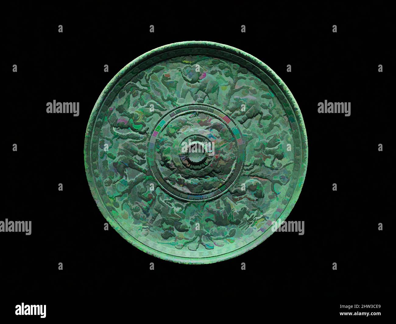Art inspired by Footed Dish with Equestrian Hunting Scene, ca. 8th century, Central Vietnam, Copper alloy, H. 1 1/2 in. (3.8 cm); Diam. 11 1/16 in. (28.1 cm); Wt. est. 4 lbs (1.8 kg), Metalwork, This remarkable bronze presentation dish can be attributed to the Cham territories of, Classic works modernized by Artotop with a splash of modernity. Shapes, color and value, eye-catching visual impact on art. Emotions through freedom of artworks in a contemporary way. A timeless message pursuing a wildly creative new direction. Artists turning to the digital medium and creating the Artotop NFT Stock Photo
