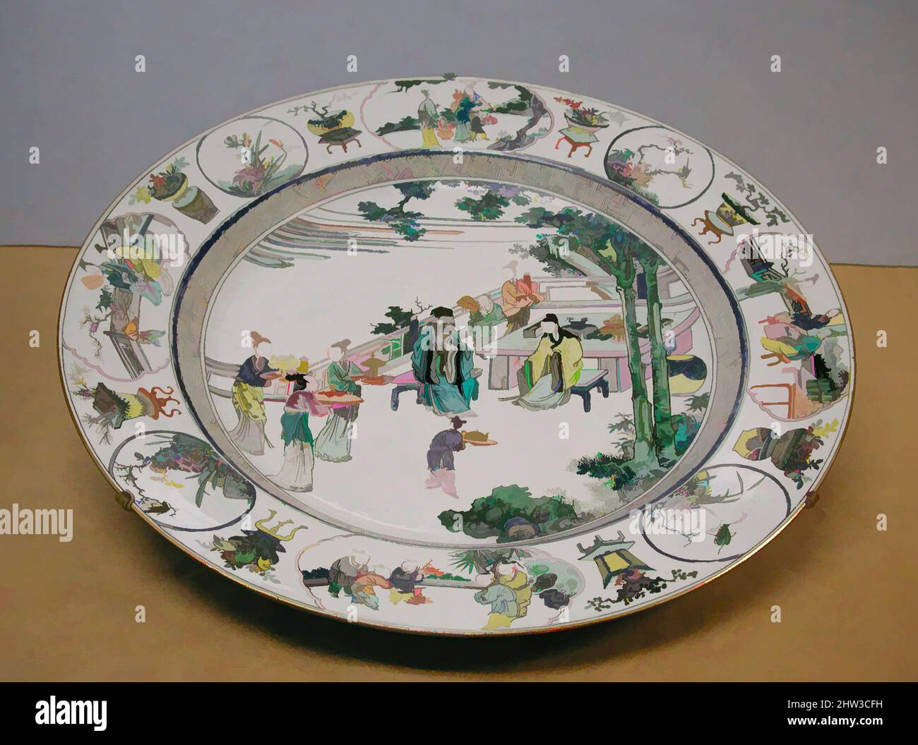 Art inspired by Plate with Scene of Offering Tribute, Qing dynasty (1644–1911), Yongzheng period (1723–35), early 18th century, China, Porcelain painted with colored enamels on the biscuit (Jingdezhen ware), H. 3 1/4 in. (8.3 cm); Diam. 21 7/8 in. (55.6 cm), Ceramics, The imagery on, Classic works modernized by Artotop with a splash of modernity. Shapes, color and value, eye-catching visual impact on art. Emotions through freedom of artworks in a contemporary way. A timeless message pursuing a wildly creative new direction. Artists turning to the digital medium and creating the Artotop NFT Stock Photo