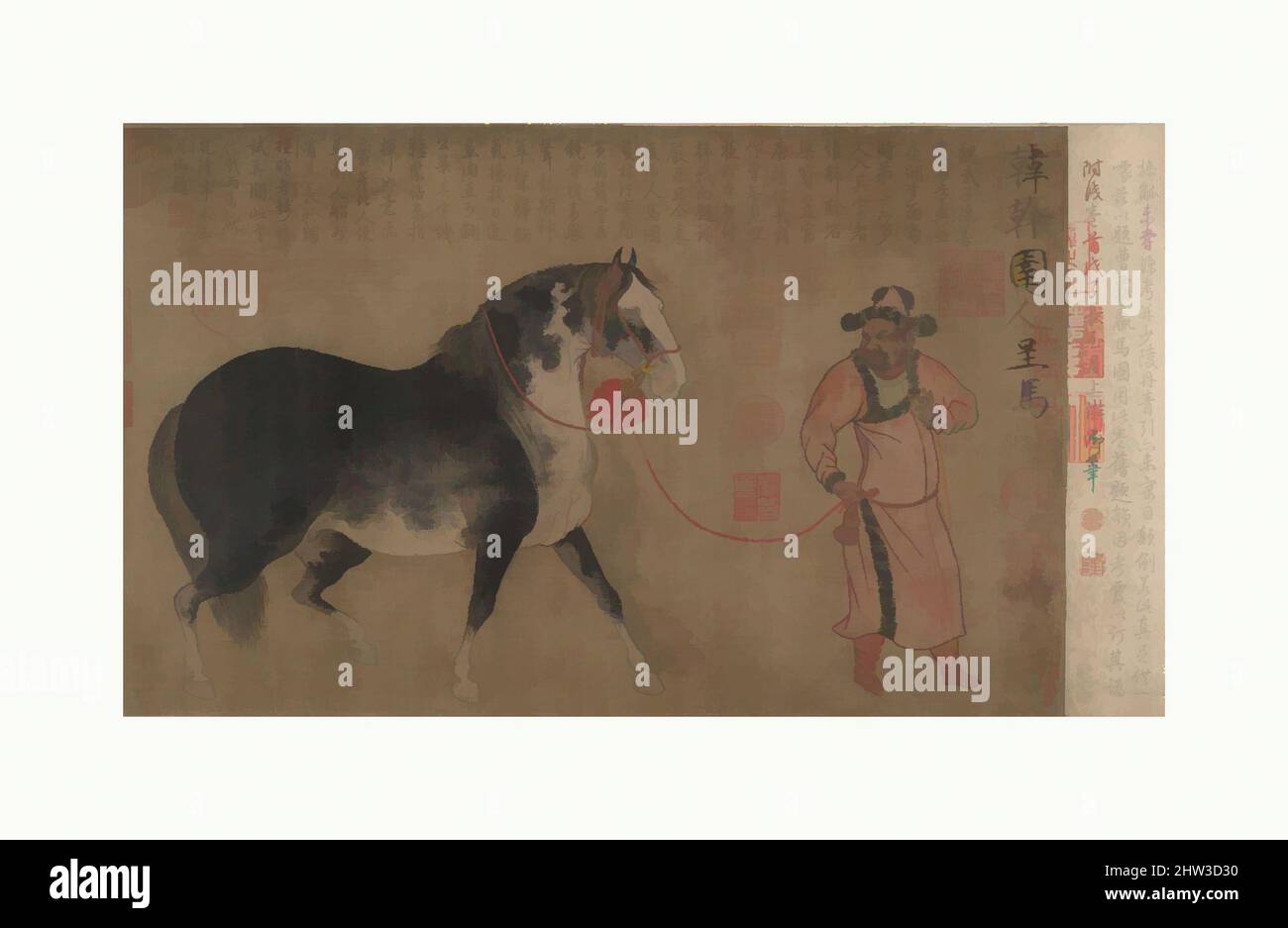 Art inspired by Stallion with Groom, Northern Song dynasty (960–1127), China, Handscroll; ink and color on silk, Image: 12 i× 20 1/4 in. (30.5 × 51.4 cm), Paintings, Unidentified Artist, Copy after Han Gan (Chinese, active ca. 742–756, Classic works modernized by Artotop with a splash of modernity. Shapes, color and value, eye-catching visual impact on art. Emotions through freedom of artworks in a contemporary way. A timeless message pursuing a wildly creative new direction. Artists turning to the digital medium and creating the Artotop NFT Stock Photo